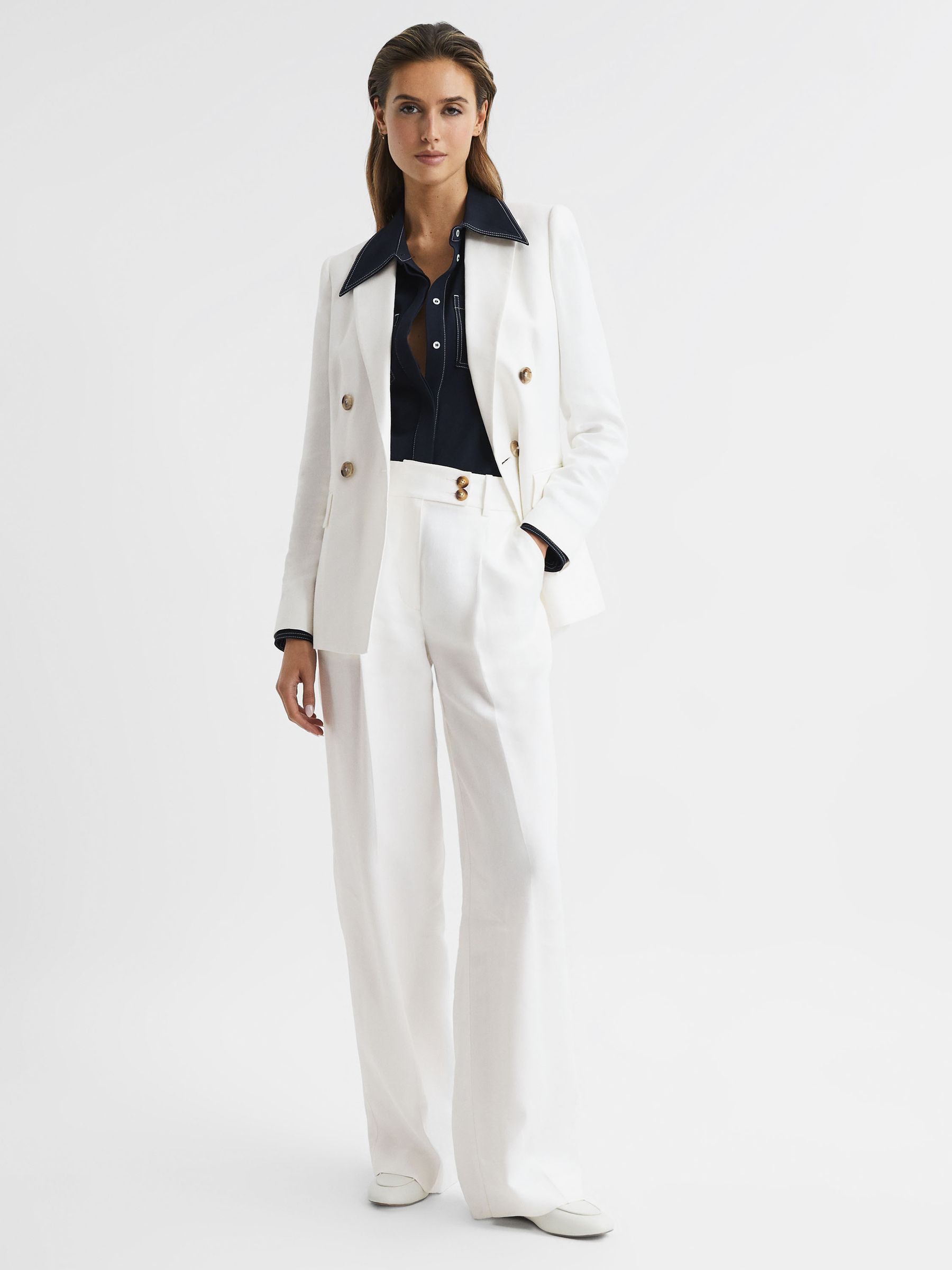Double Breasted Linen Blazer in White - Image 8 of 9