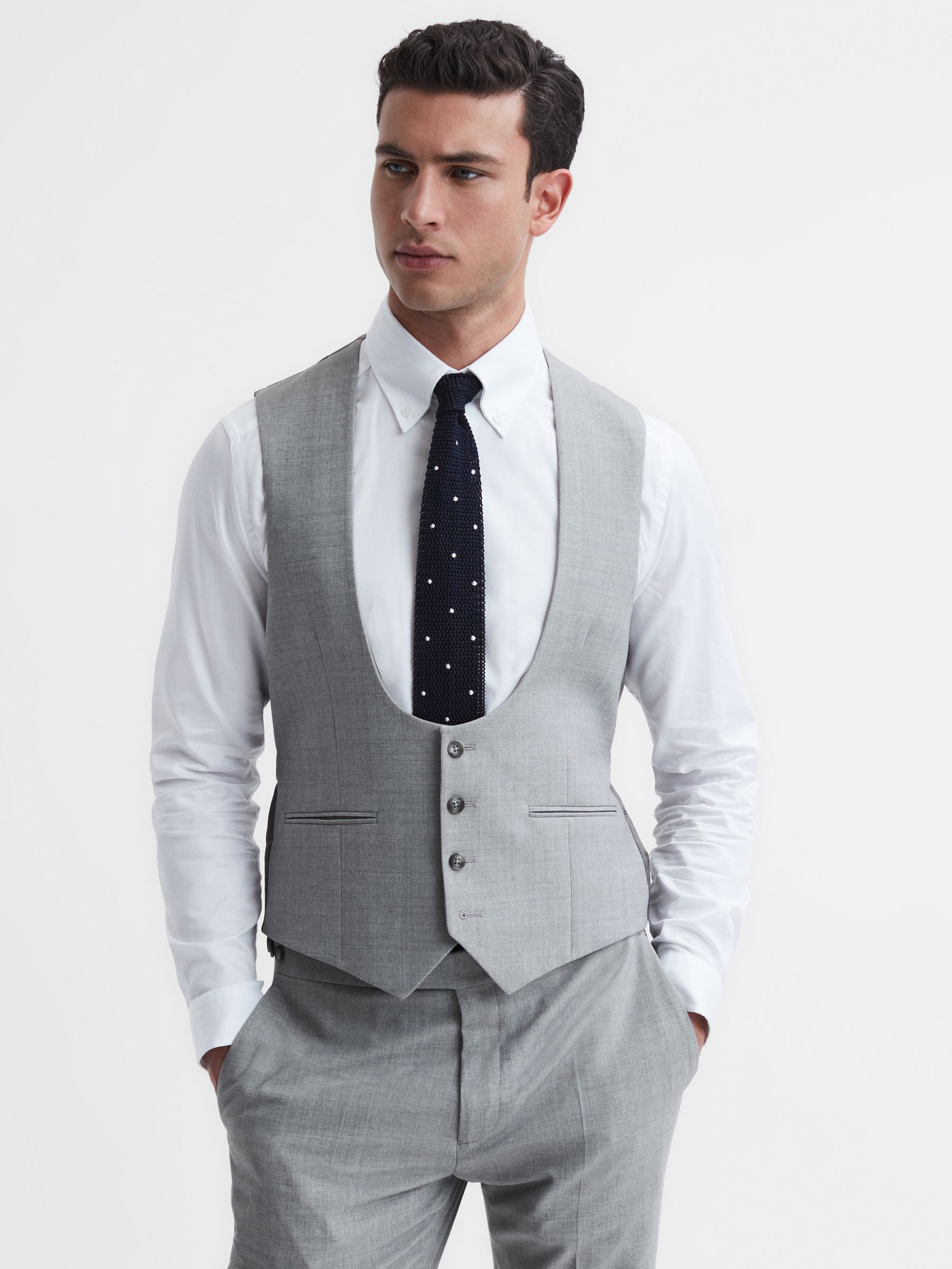 Slim Fit Wool Blend Waistcoat in Soft Grey - Image 1 of 7