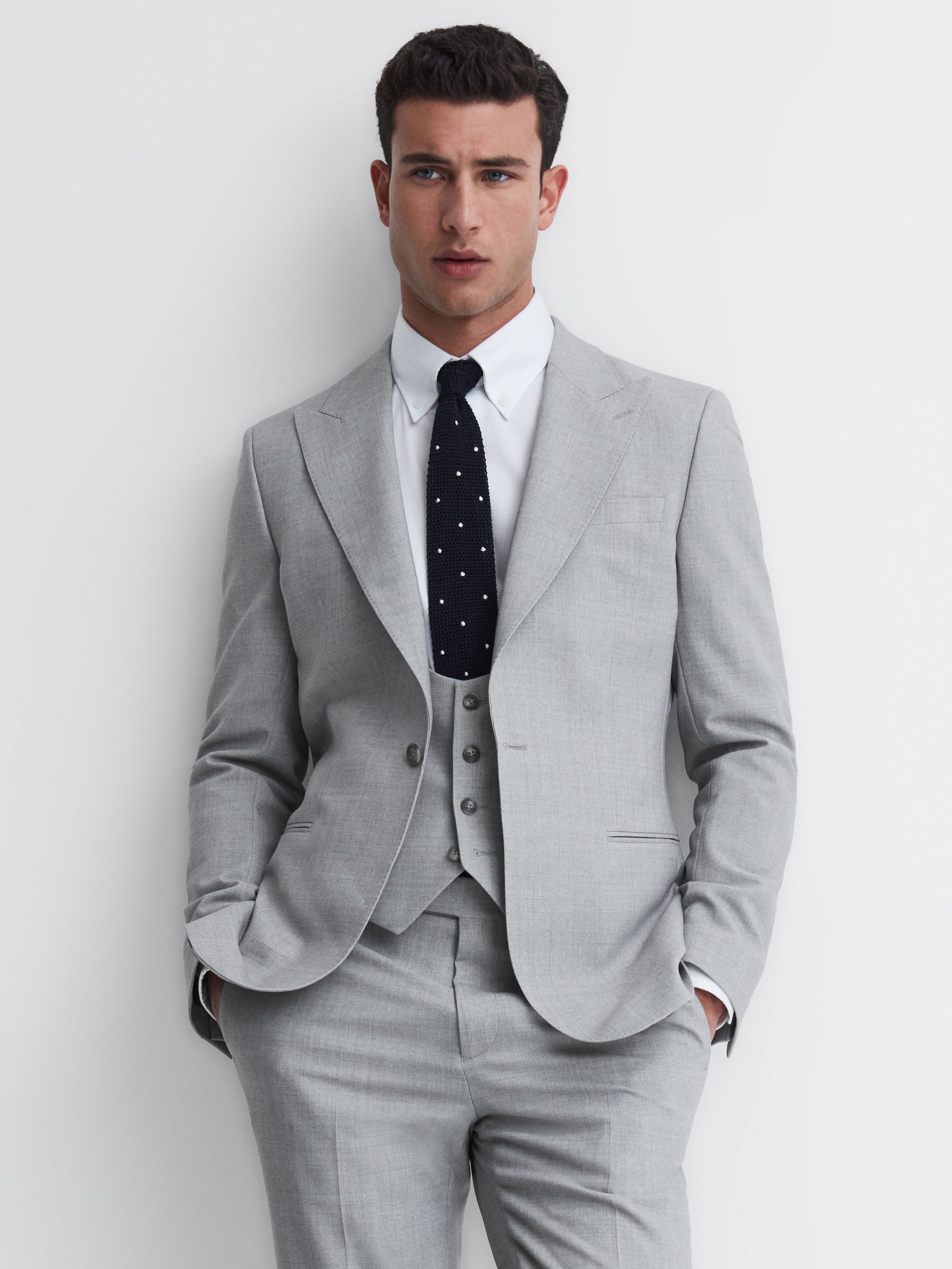 Slim Fit Wool Blend Waistcoat in Soft Grey - Image 4 of 7