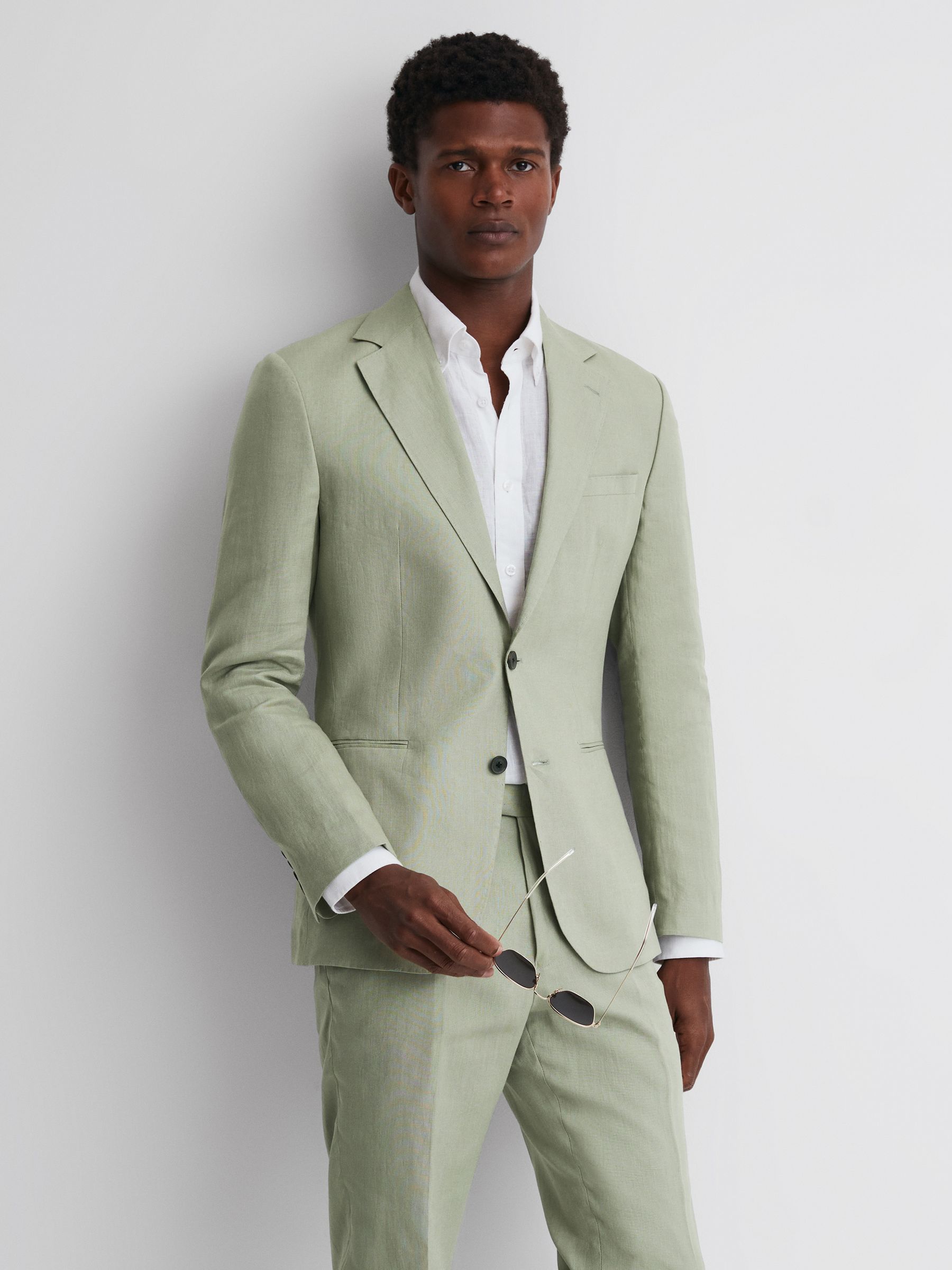 Reiss Slim Fit Single Breasted Linen Blazer in Apple | REISS