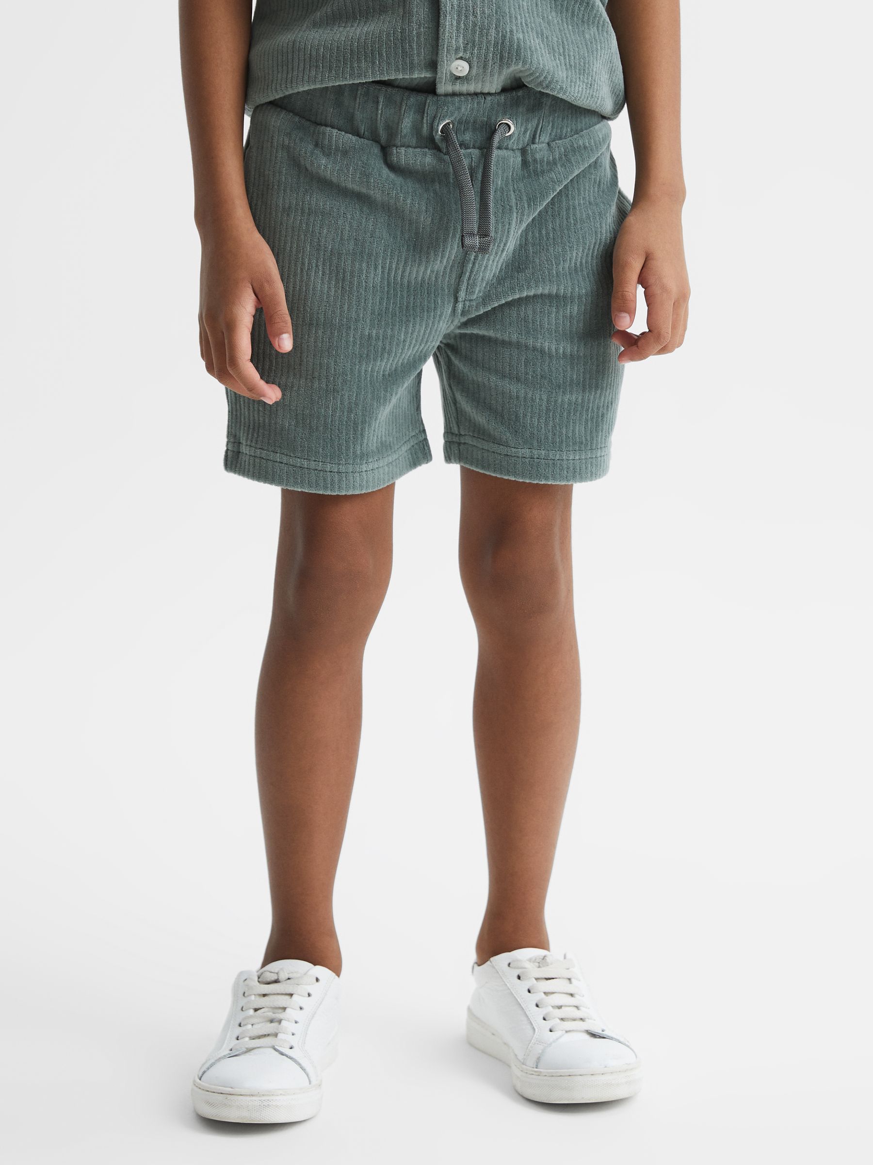 Junior Ribbed Chenille Drawstring Shorts in Sage - Image 1 of 5