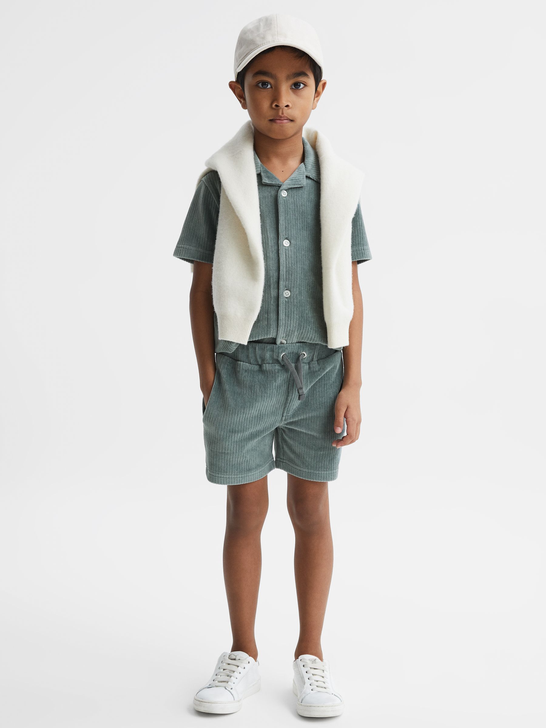 Junior Ribbed Chenille Drawstring Shorts in Sage - Image 3 of 5