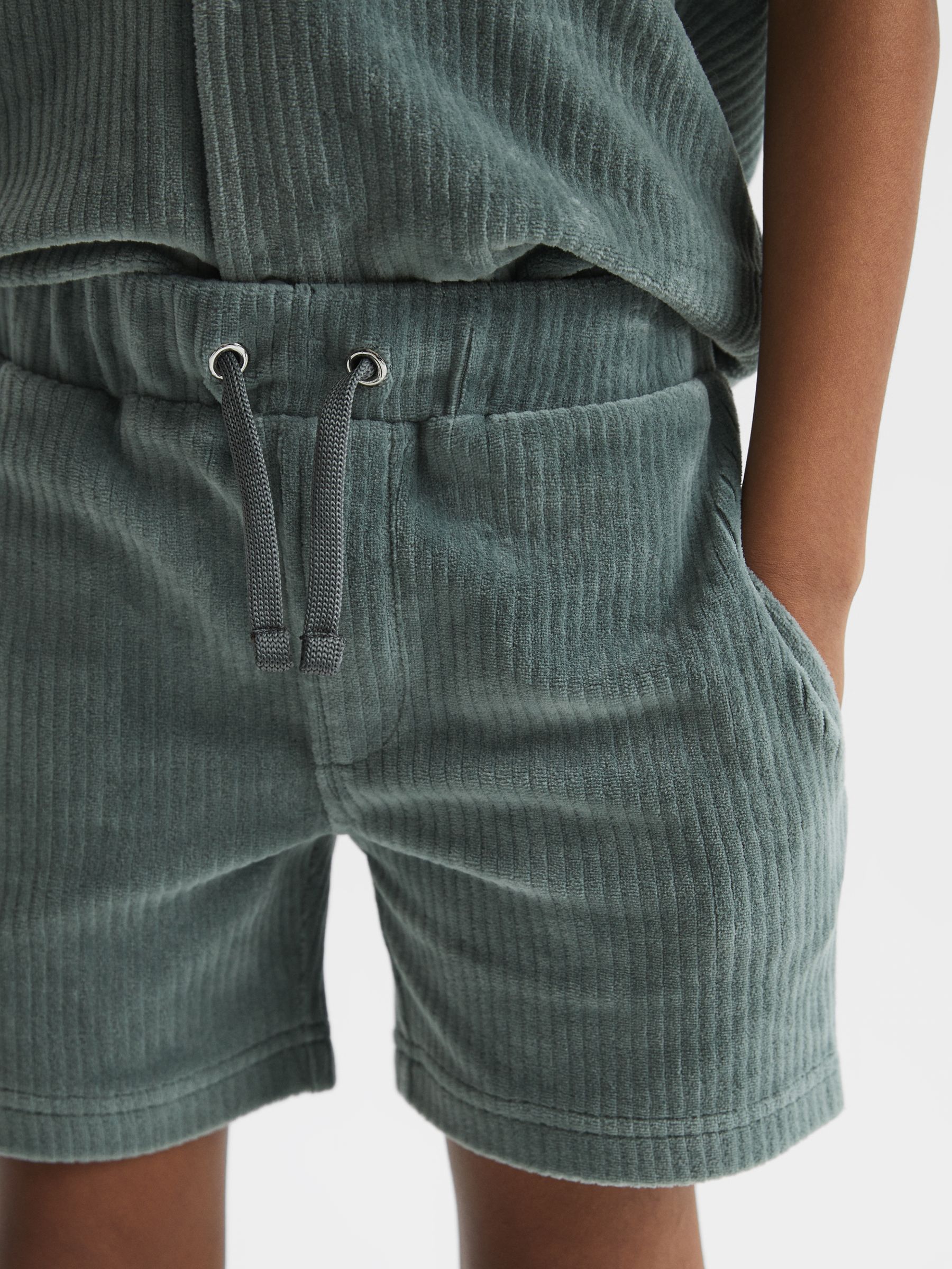 Junior Ribbed Chenille Drawstring Shorts in Sage - Image 4 of 5