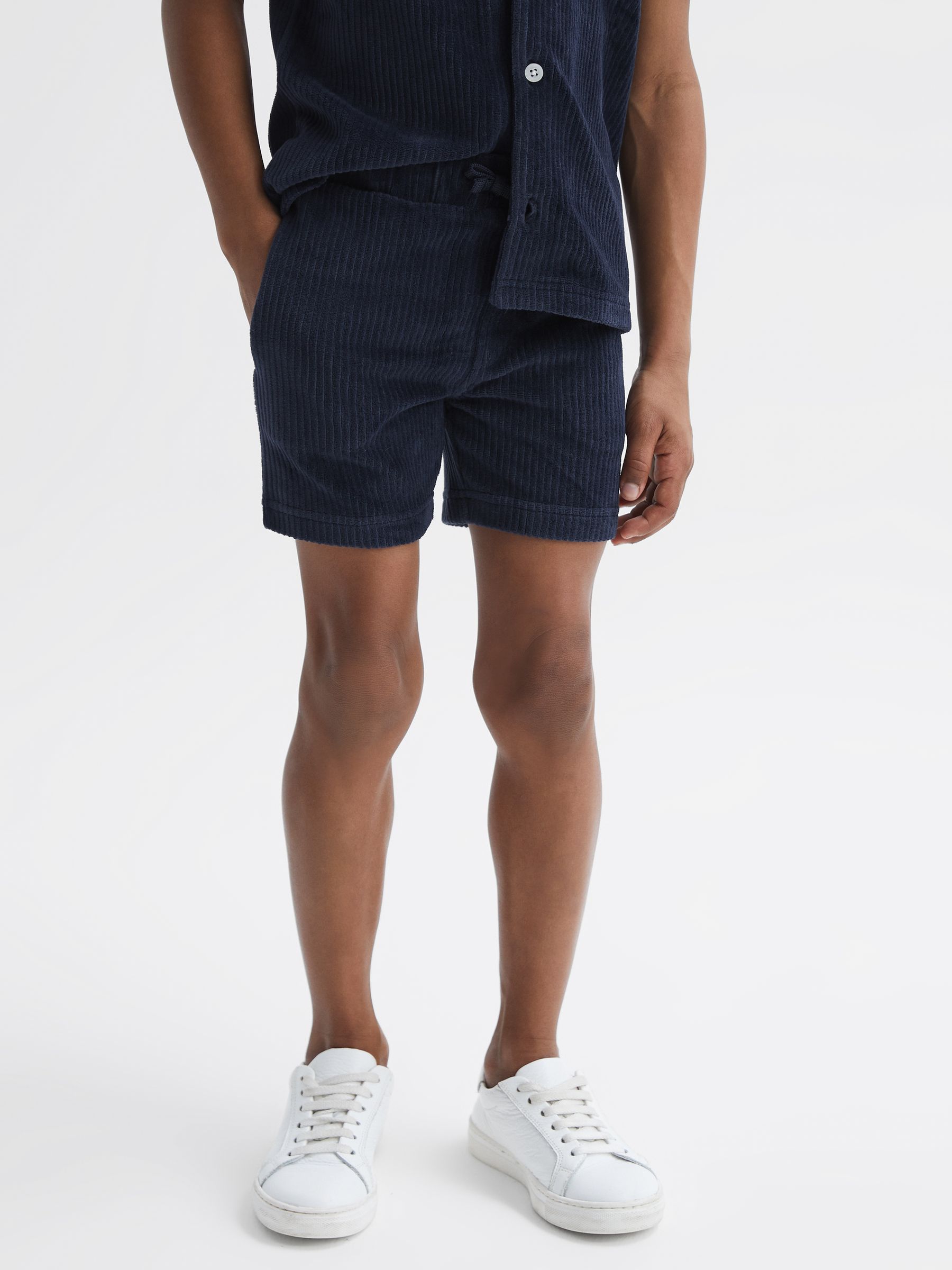 Junior Ribbed Chenille Drawstring Shorts in Navy - Image 1 of 6 Junior Ribbed Chenille Drawstring Shorts in Navy - Image 1 of 6