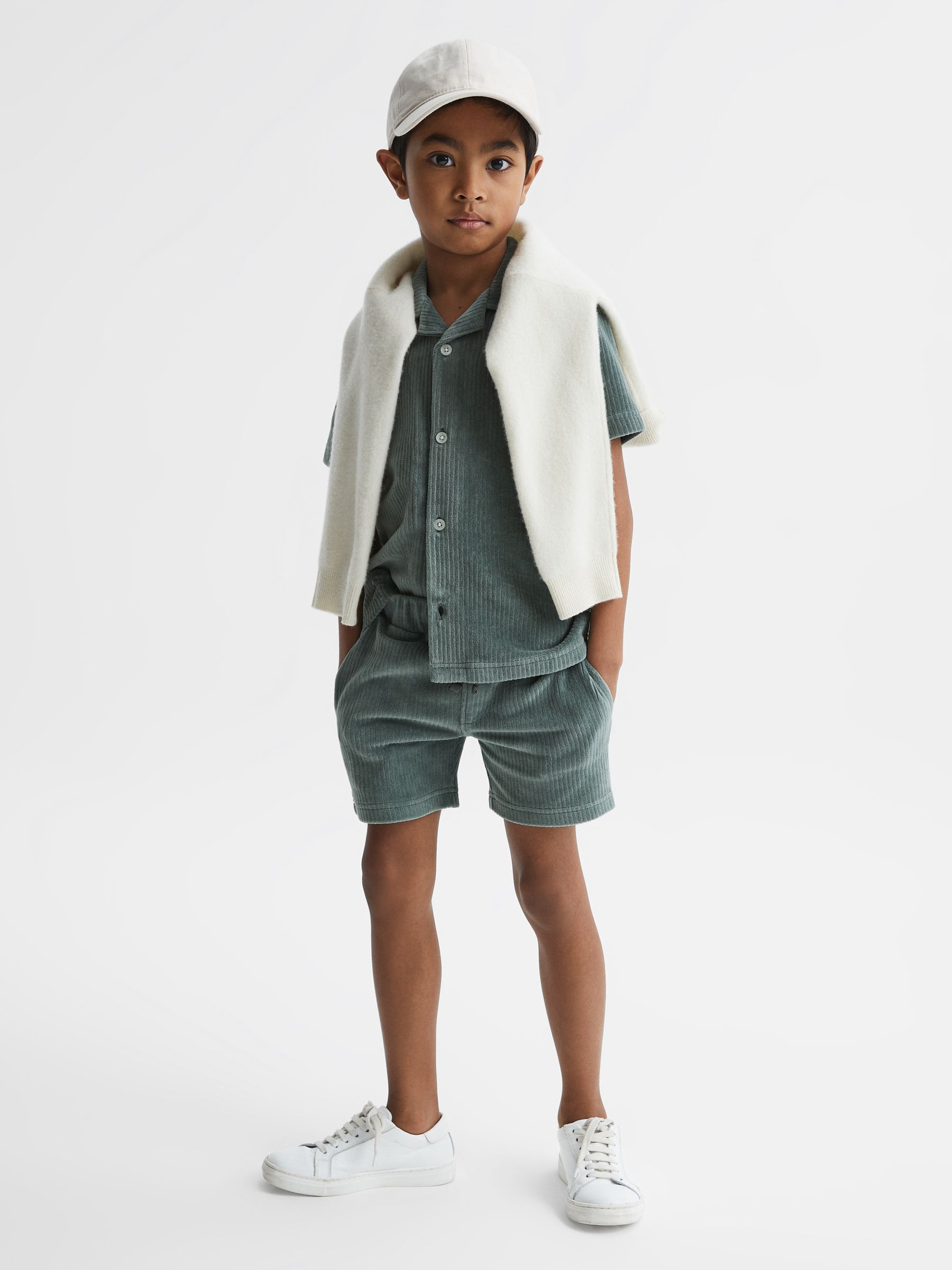Senior Cuban Collar Ribbed Textured Shirt in Sage - Image 1 of 6