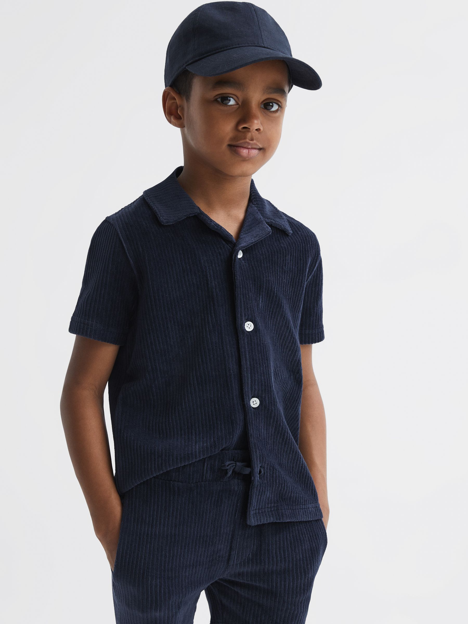 Junior Cuban Collar Ribbed Textured Shirt in Navy - Image 1 of 6