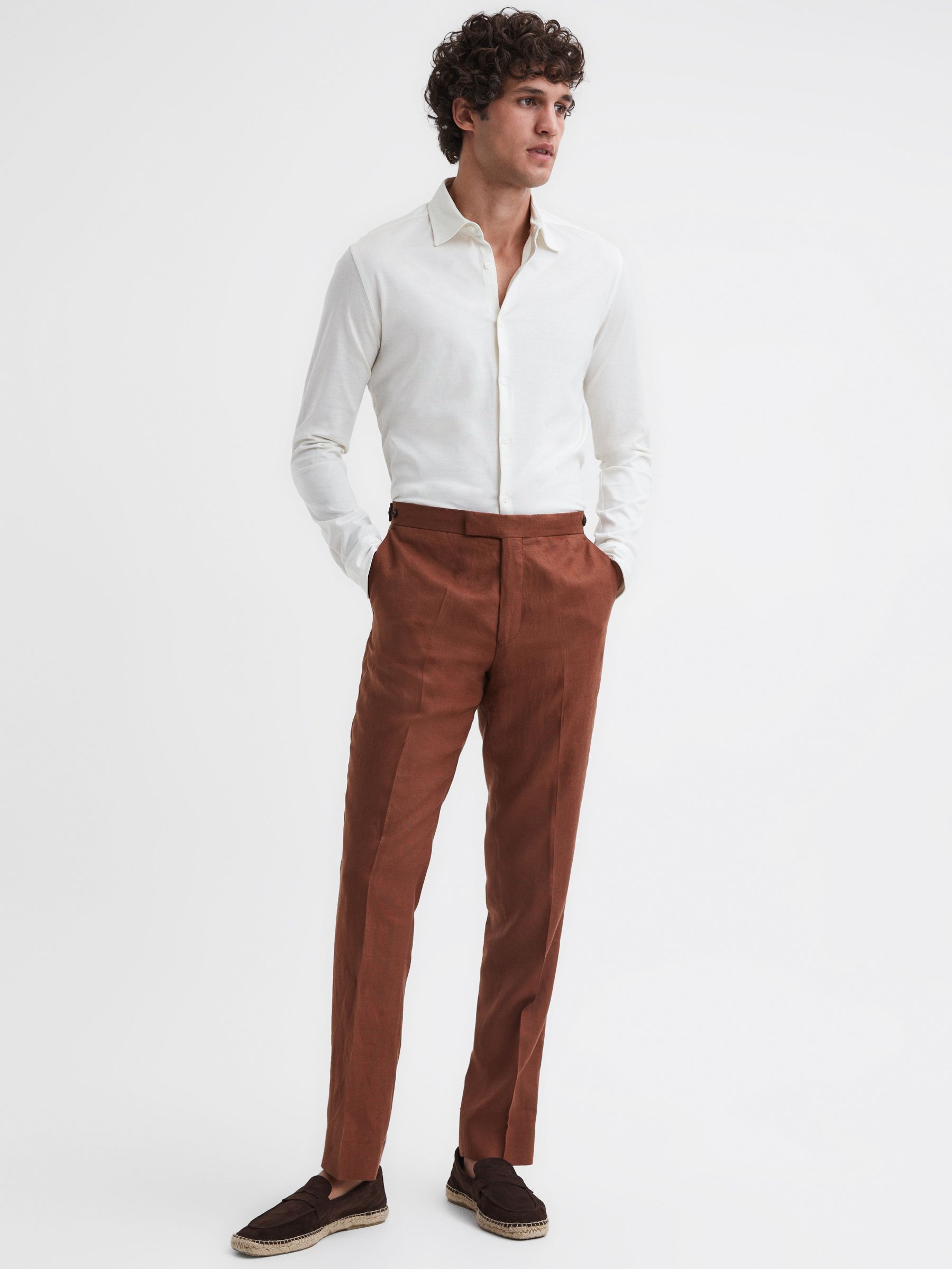 Slim Fit Linen Trousers in Tobacco - Image 1 of 5