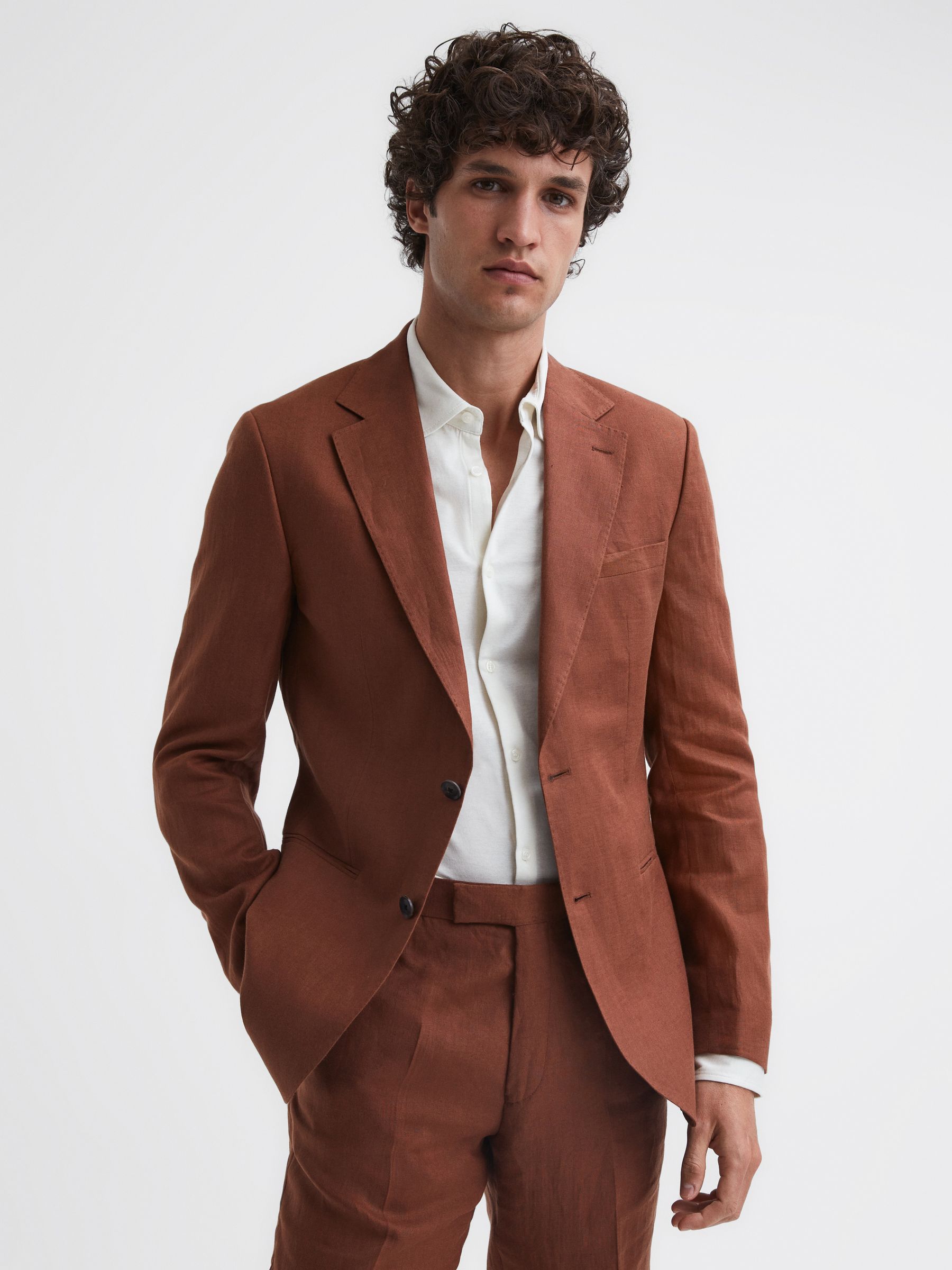 Slim Fit Single Breasted Linen Blazer in Tobacco - Image 10 of 14