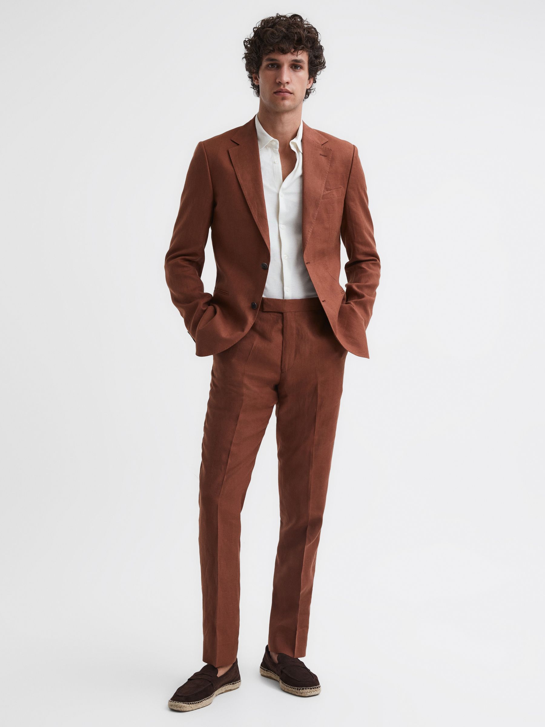 Slim Fit Single Breasted Linen Blazer in Tobacco - Image 11 of 14