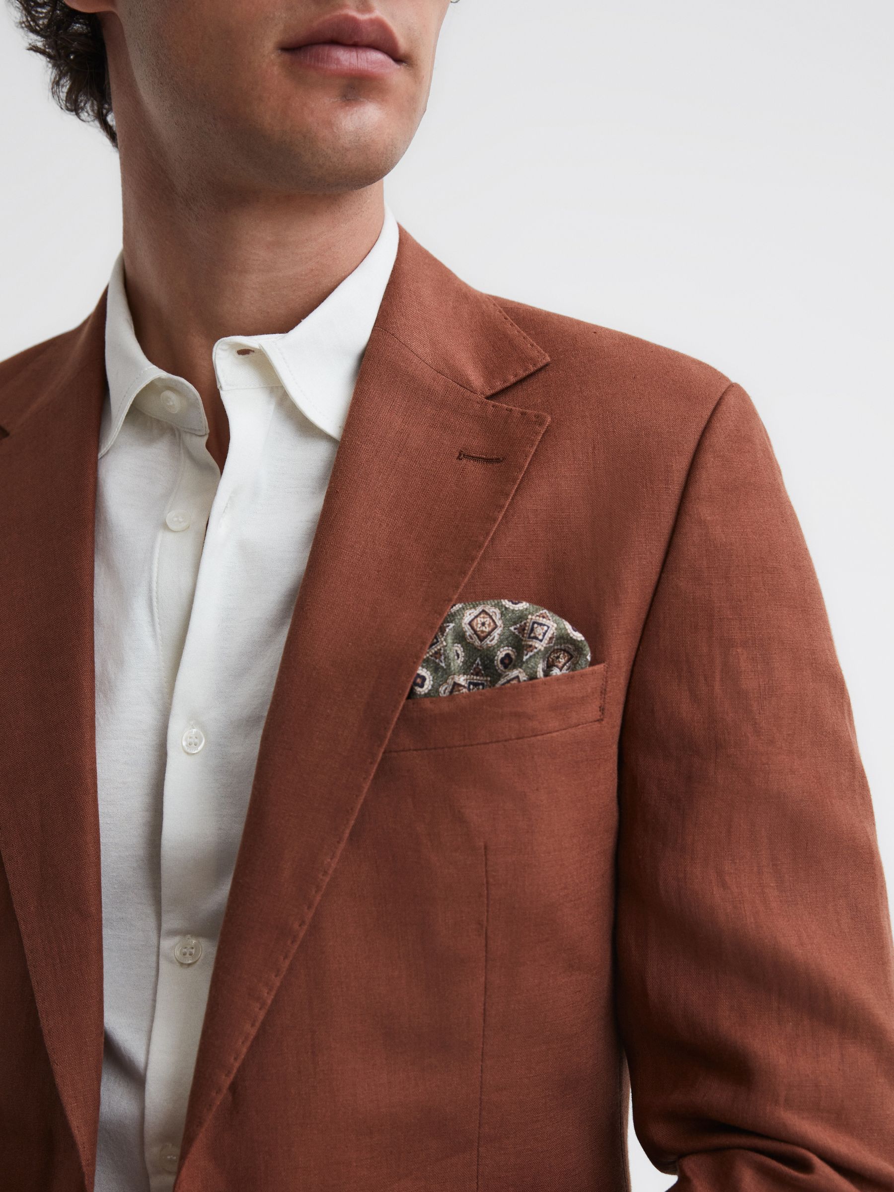 Slim Fit Single Breasted Linen Blazer in Tobacco - Image 4 of 14