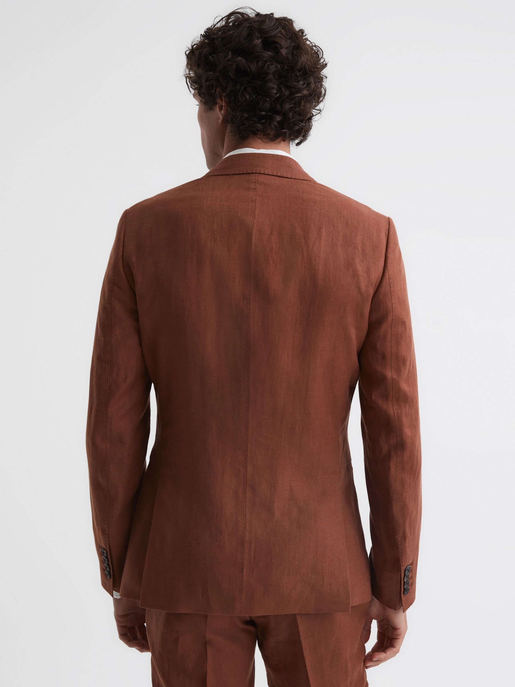 Reiss Slim Fit Single Breasted Linen Blazer in Tobacco