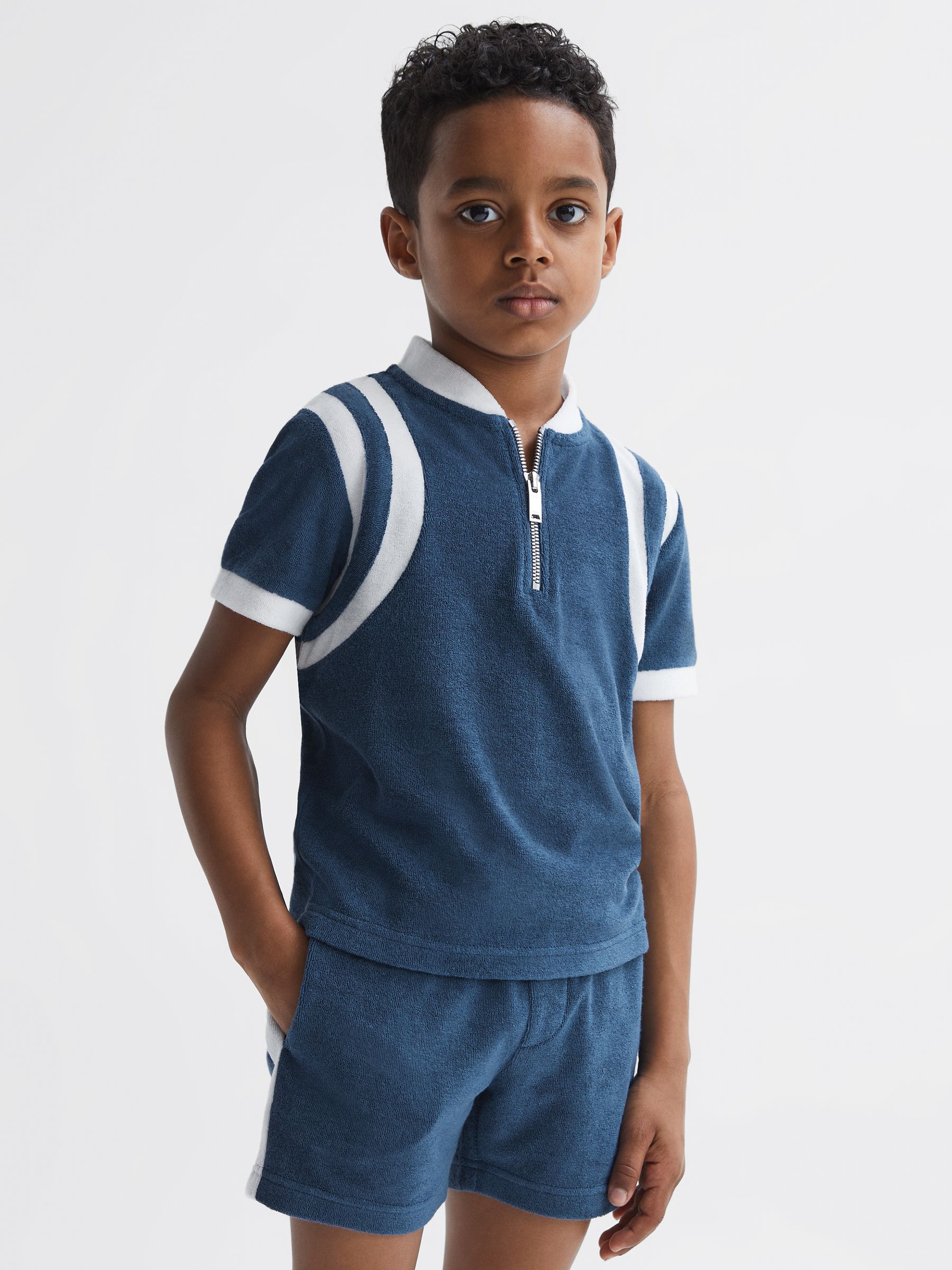 Junior Towelling Half-Zip Polo Shirt in Cobalt Blue - Image 1 of 7