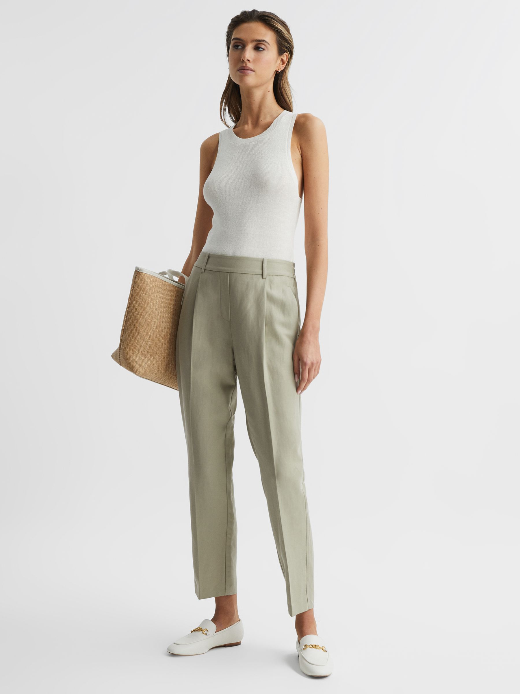 Tapered Linen Trousers in Khaki - Image 11 of 12