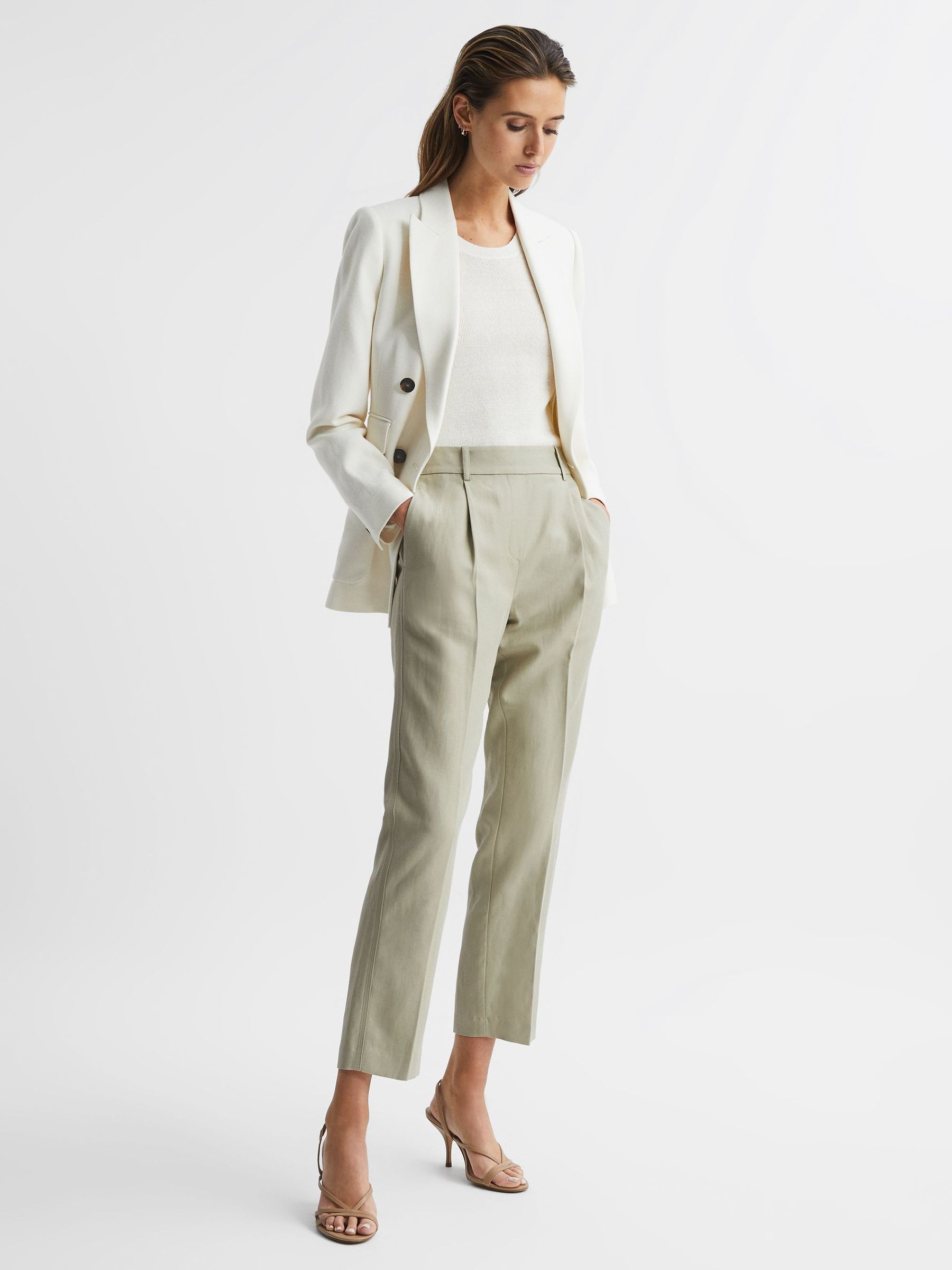 Tapered Linen Trousers in Khaki - Image 12 of 12