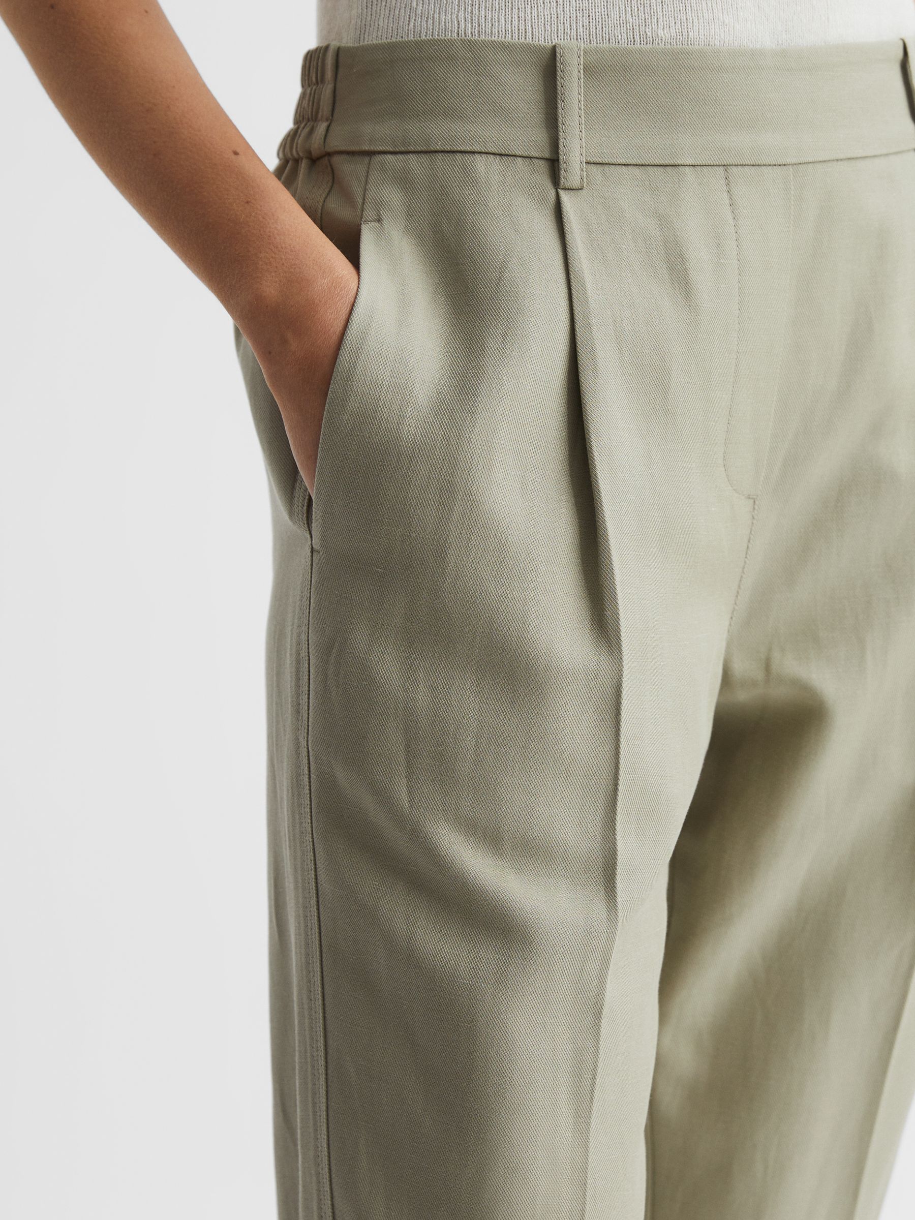 Tapered Linen Trousers in Khaki - Image 4 of 12