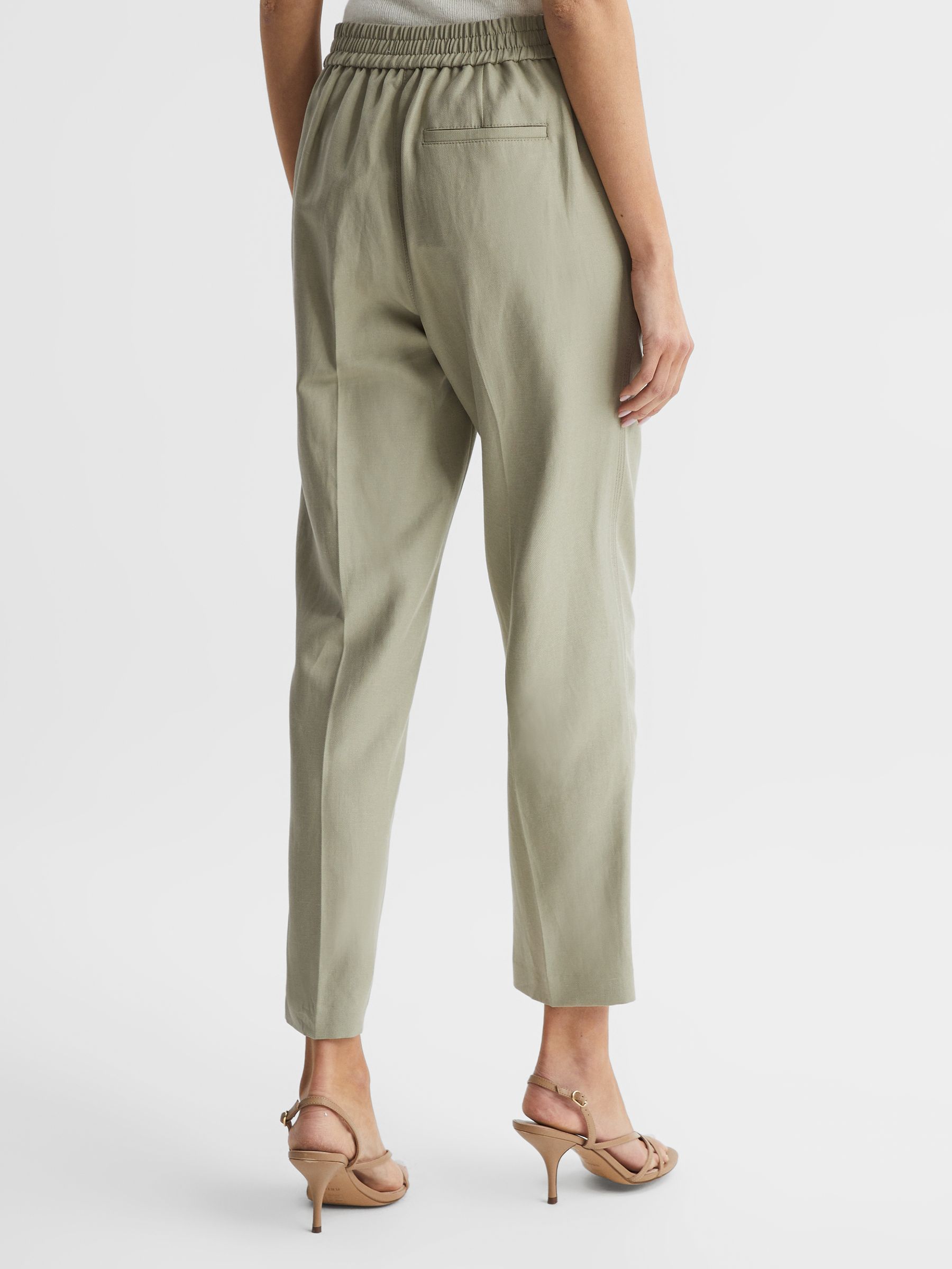 Tapered Linen Trousers in Khaki - Image 8 of 12