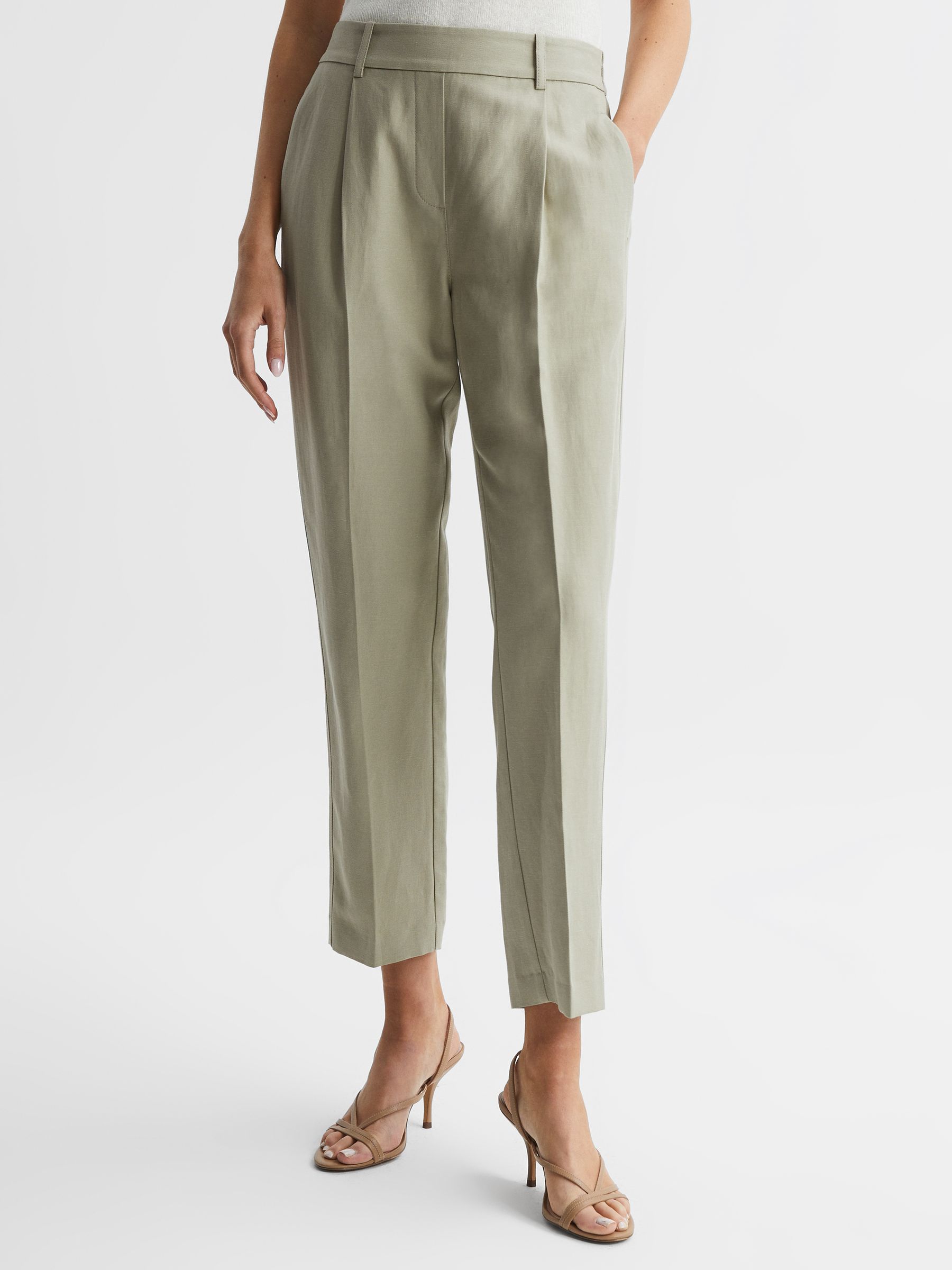 Tapered Linen Trousers in Khaki - Image 9 of 12