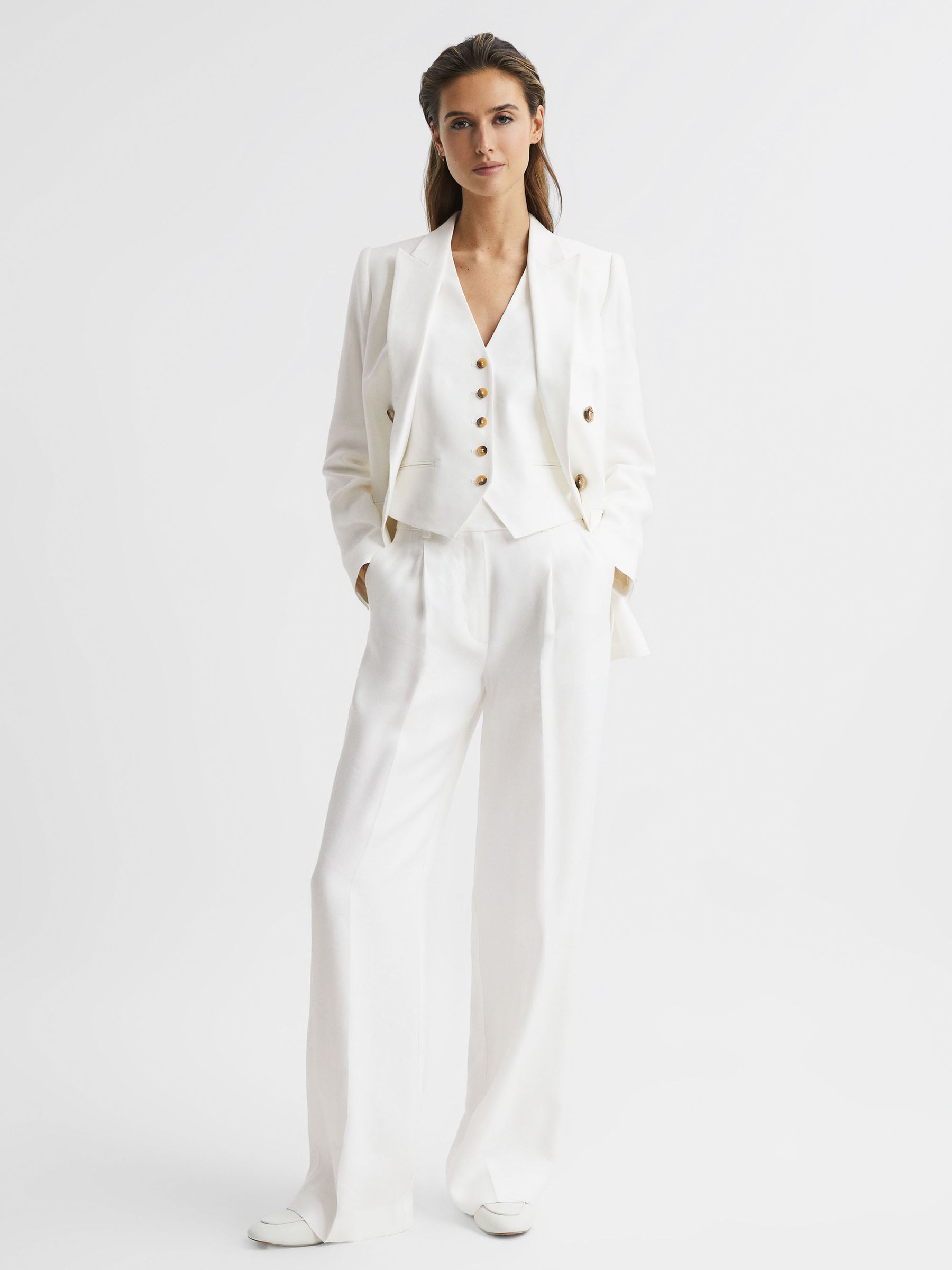 Petite Wide Leg Linen Trousers in White - Image 3 of 8