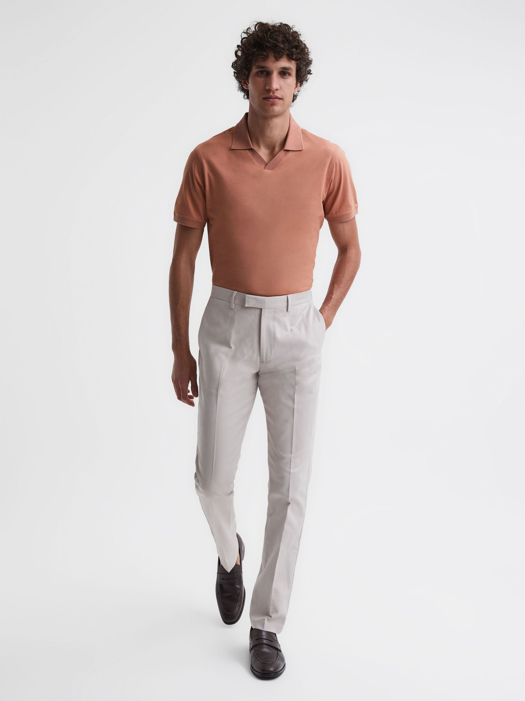 Slim Fit Mercerised Cotton Polo Shirt in Terracotta - Image 3 of 5
