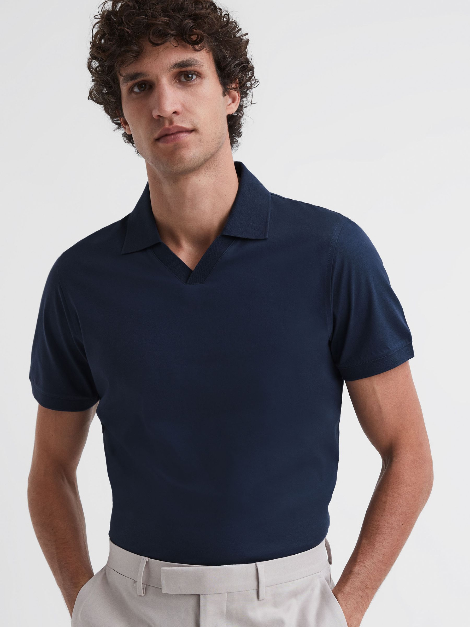 Slim Fit Mercerised Cotton Polo Shirt in Blue Night - Image 3 of 5