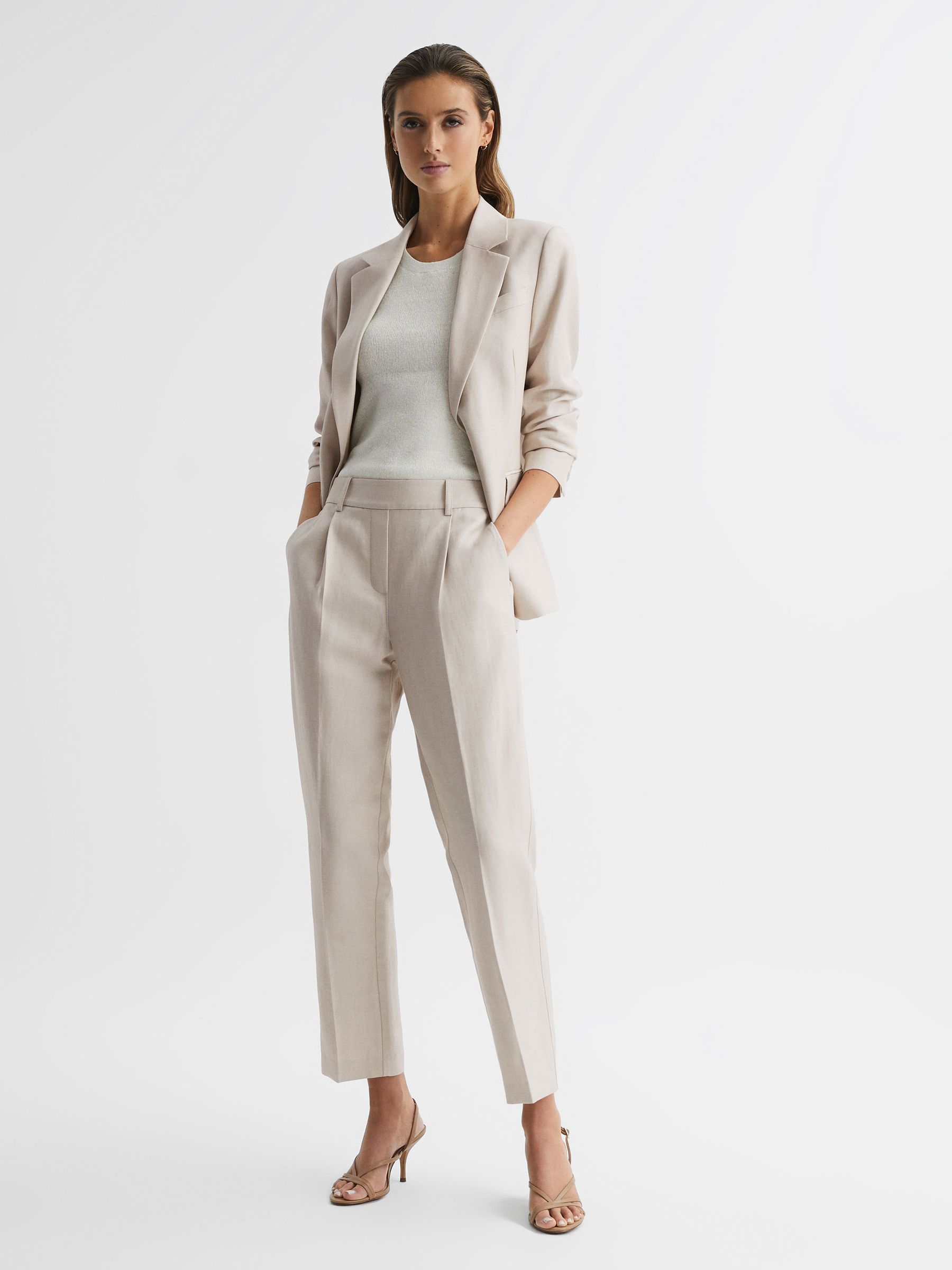 Petite Tapered Linen Trousers in Oatmeal - Image 3 of 7