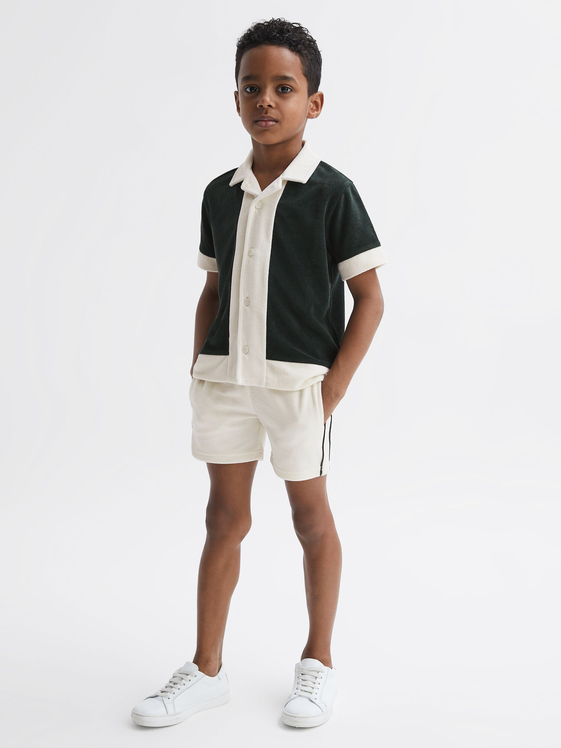 Junior Textured Cuban Collar Shirt in Green/Ecru - Image 3 of 6