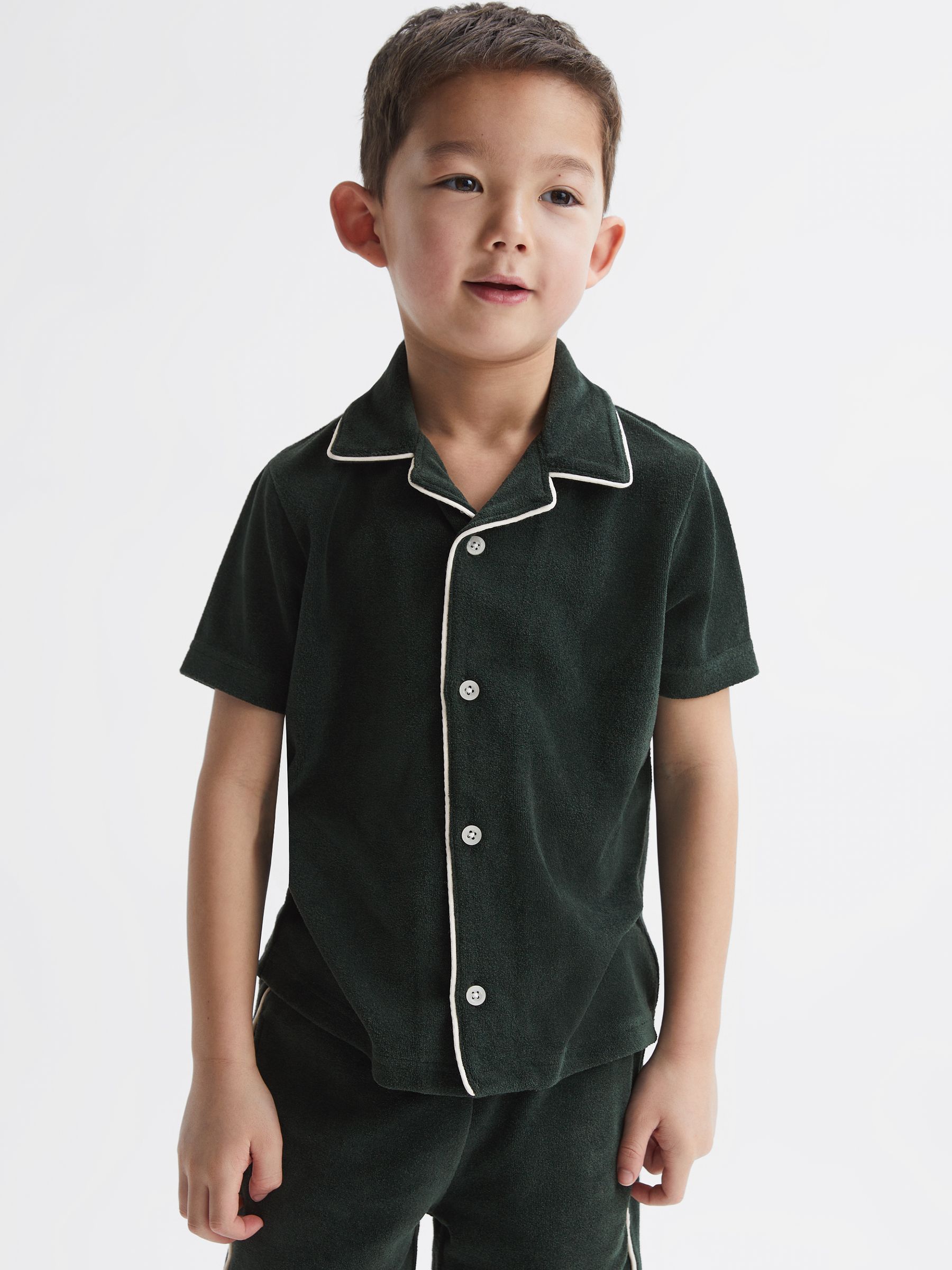 4-9 yrs Towelling Cuban Collar Shirt in Green - Image 1 of 6 4-9 yrs Towelling Cuban Collar Shirt in Green - Image 1 of 6