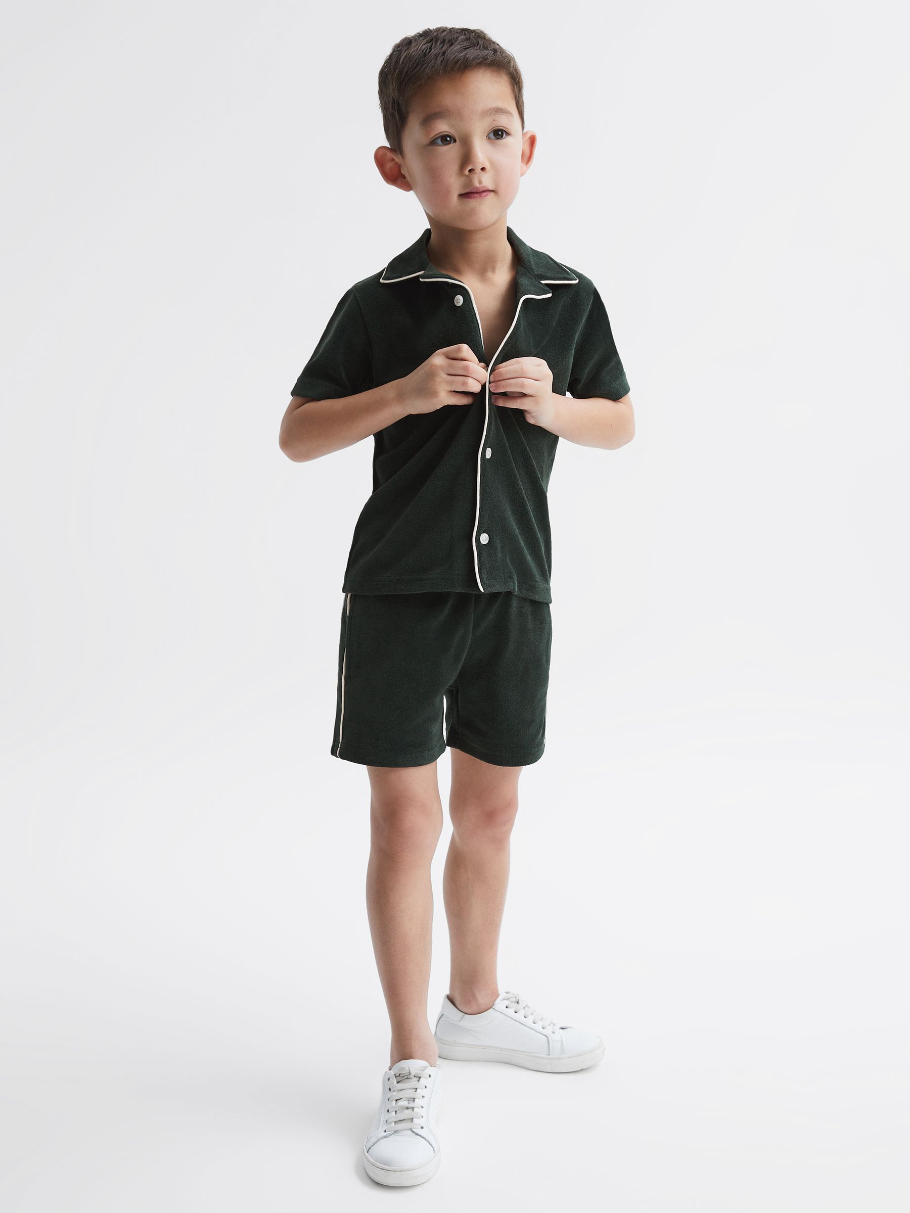 4-9 yrs Towelling Cuban Collar Shirt in Green - Image 3 of 6