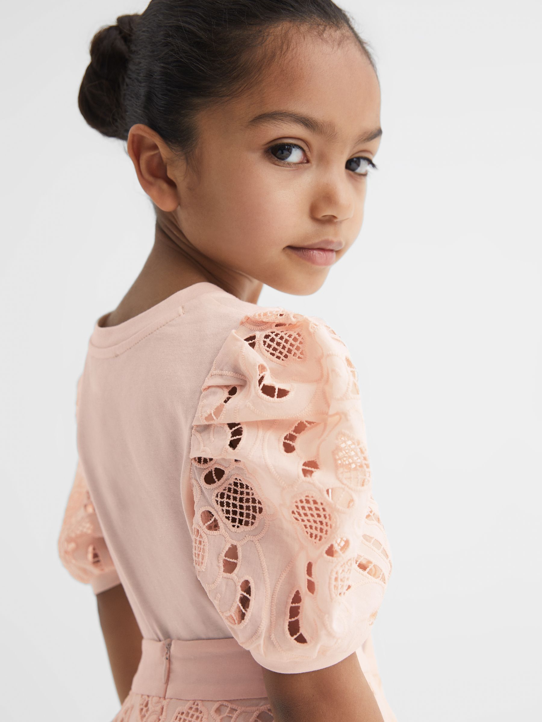 Junior Floral Lace Puff Sleeve T-Shirt in Pink - Image 4 of 6