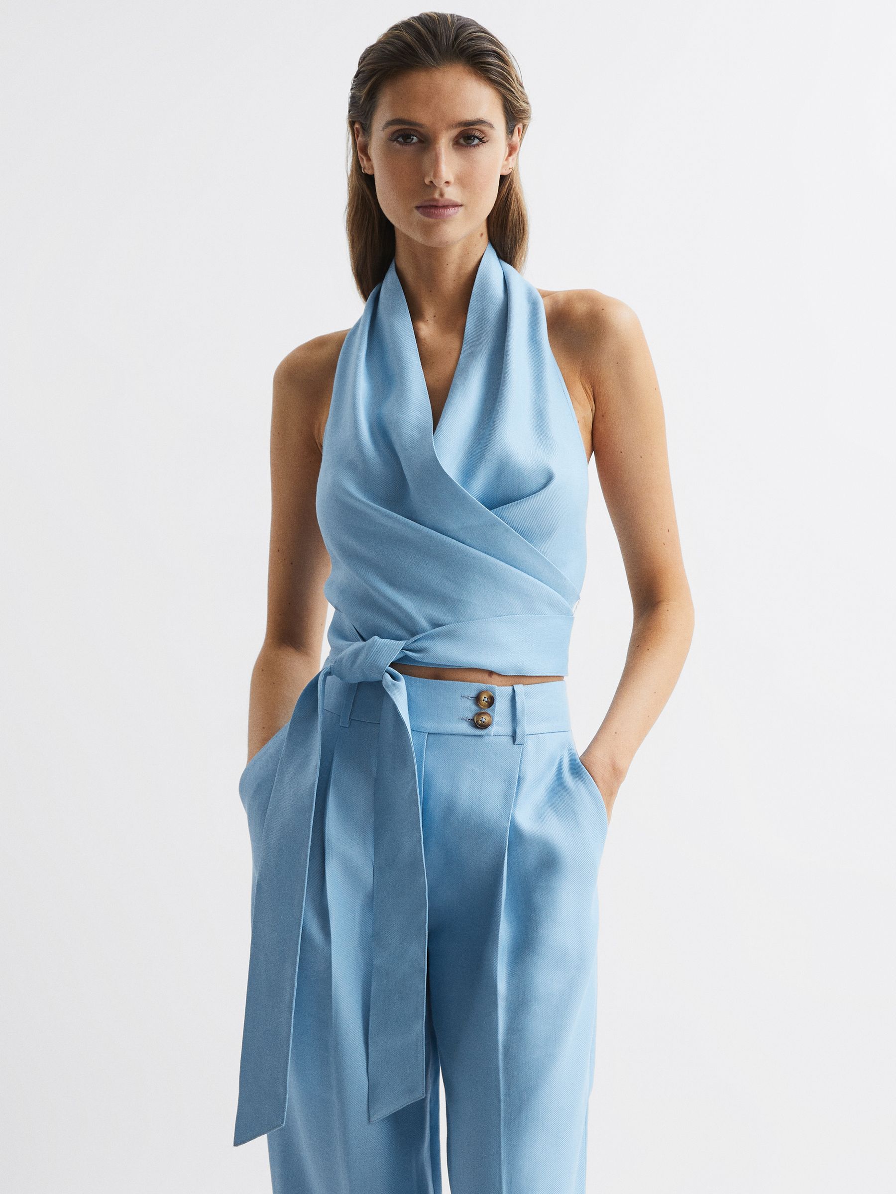 Halter Neck Linen Blend Crop Top in Blue - Image 1 of 6