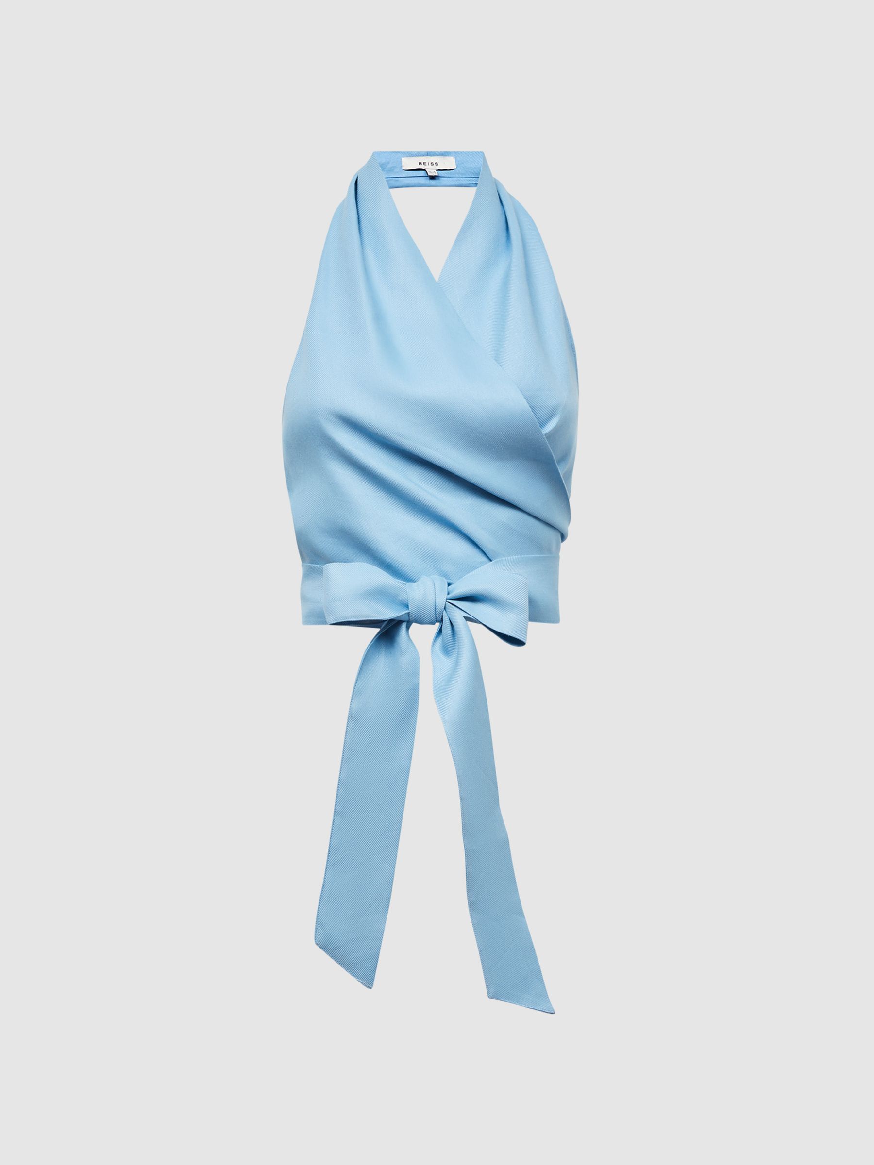 Halter Neck Linen Blend Crop Top in Blue - Image 2 of 6