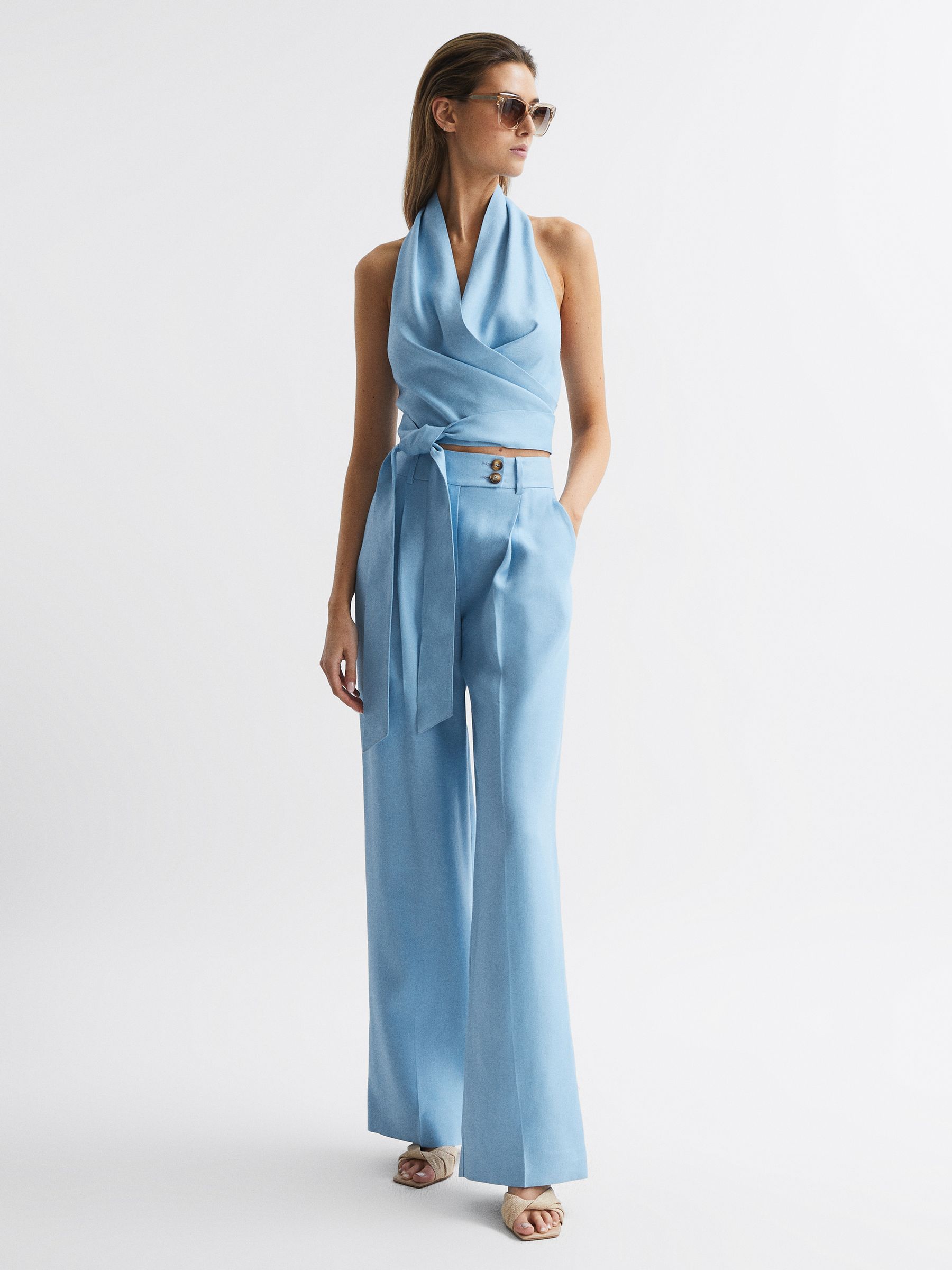 Halter Neck Linen Blend Crop Top in Blue - Image 3 of 6