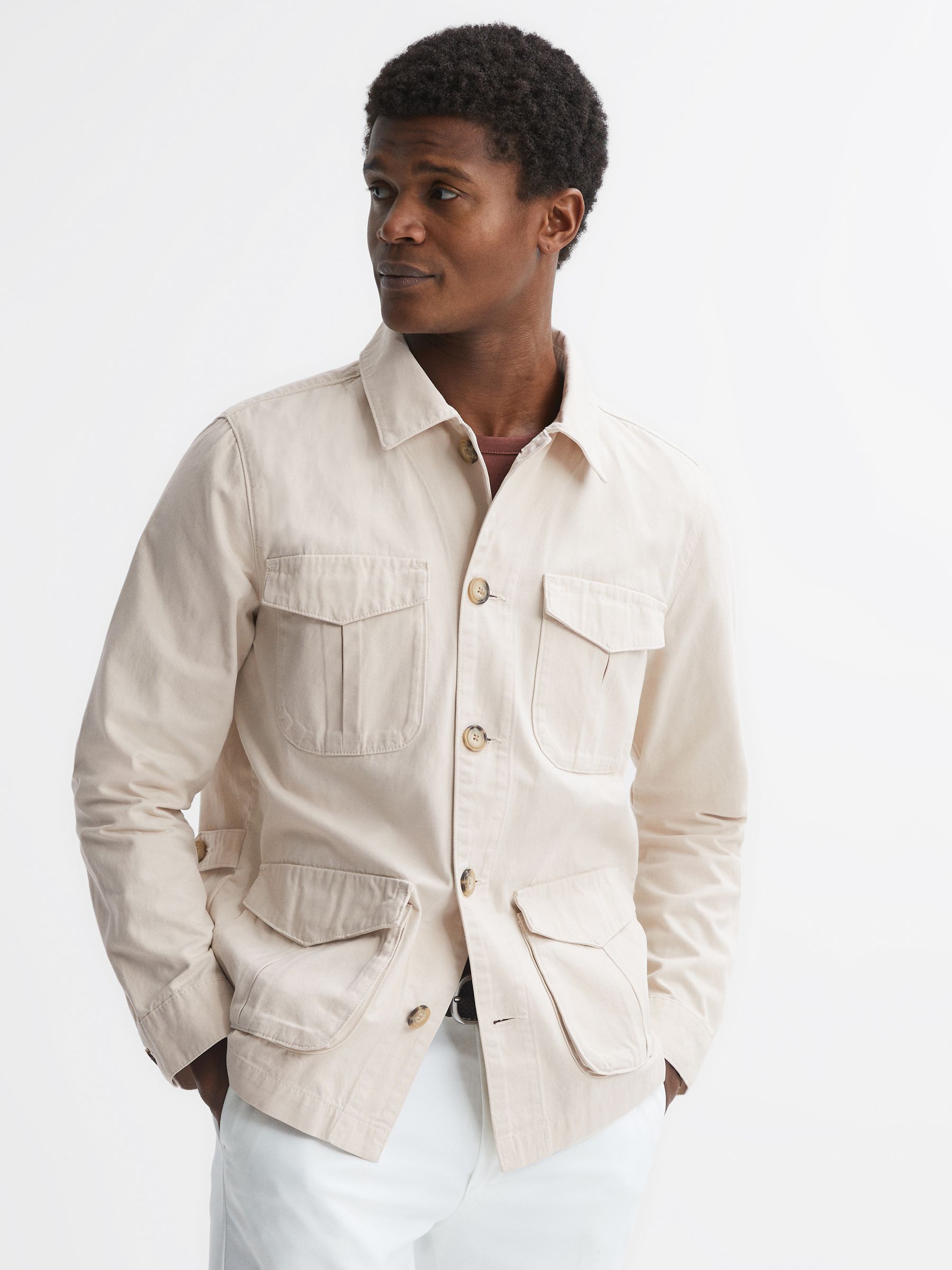 Button Through Long Sleeve Cotton Overshirt in Ecru - Image 1 of 4