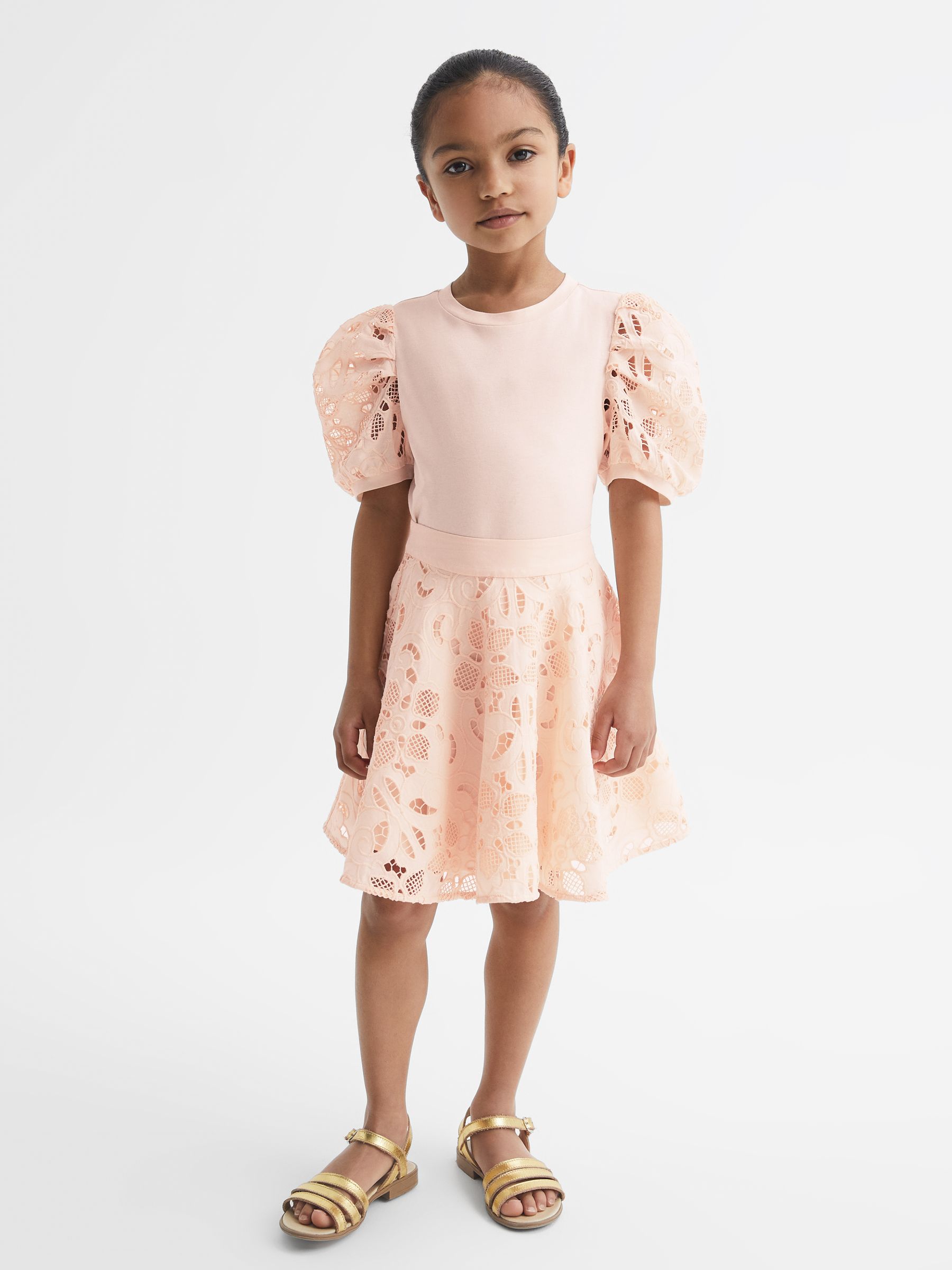 9-12 yrs Floral Lace Puff Sleeve T-Shirt in Pink - Image 1 of 6