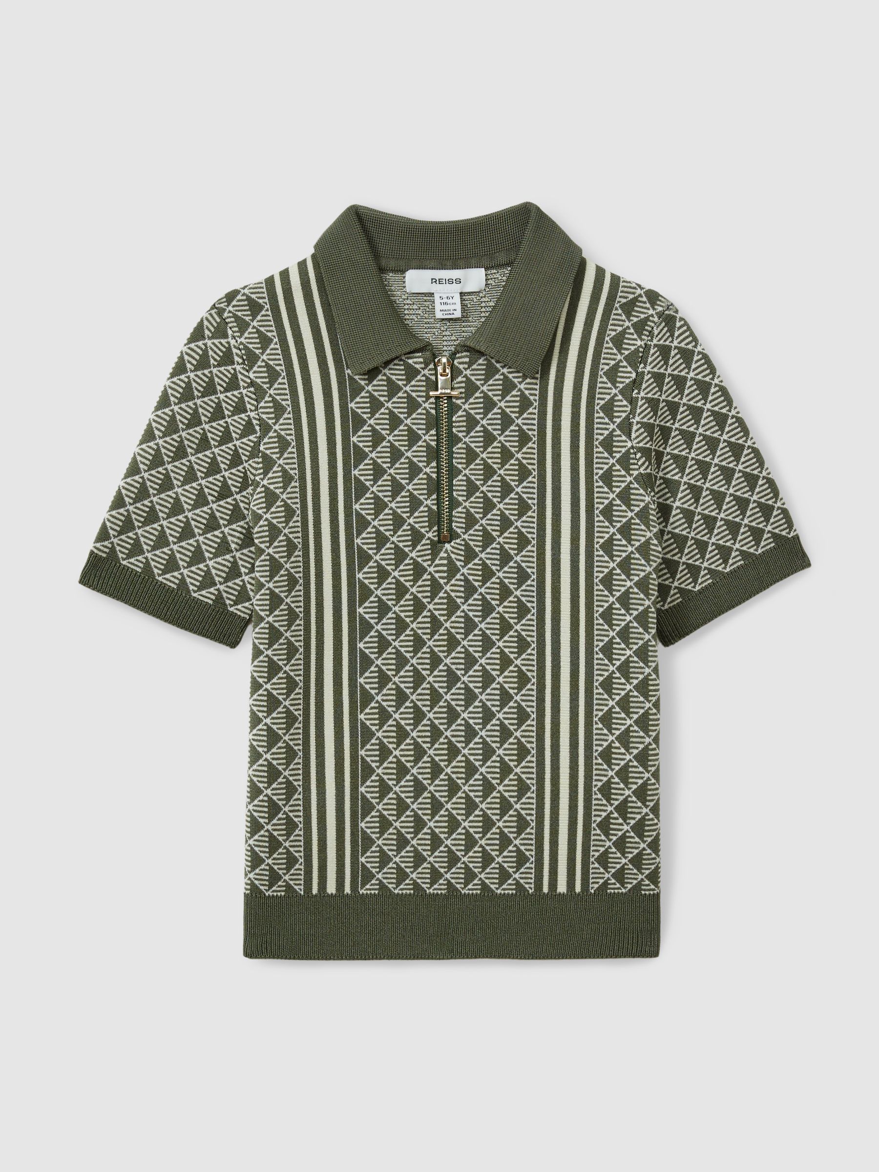 13-14 yrs Diamond Stitch Half-Zip Polo Shirt in Sage/Off White - Image 1 of 4
