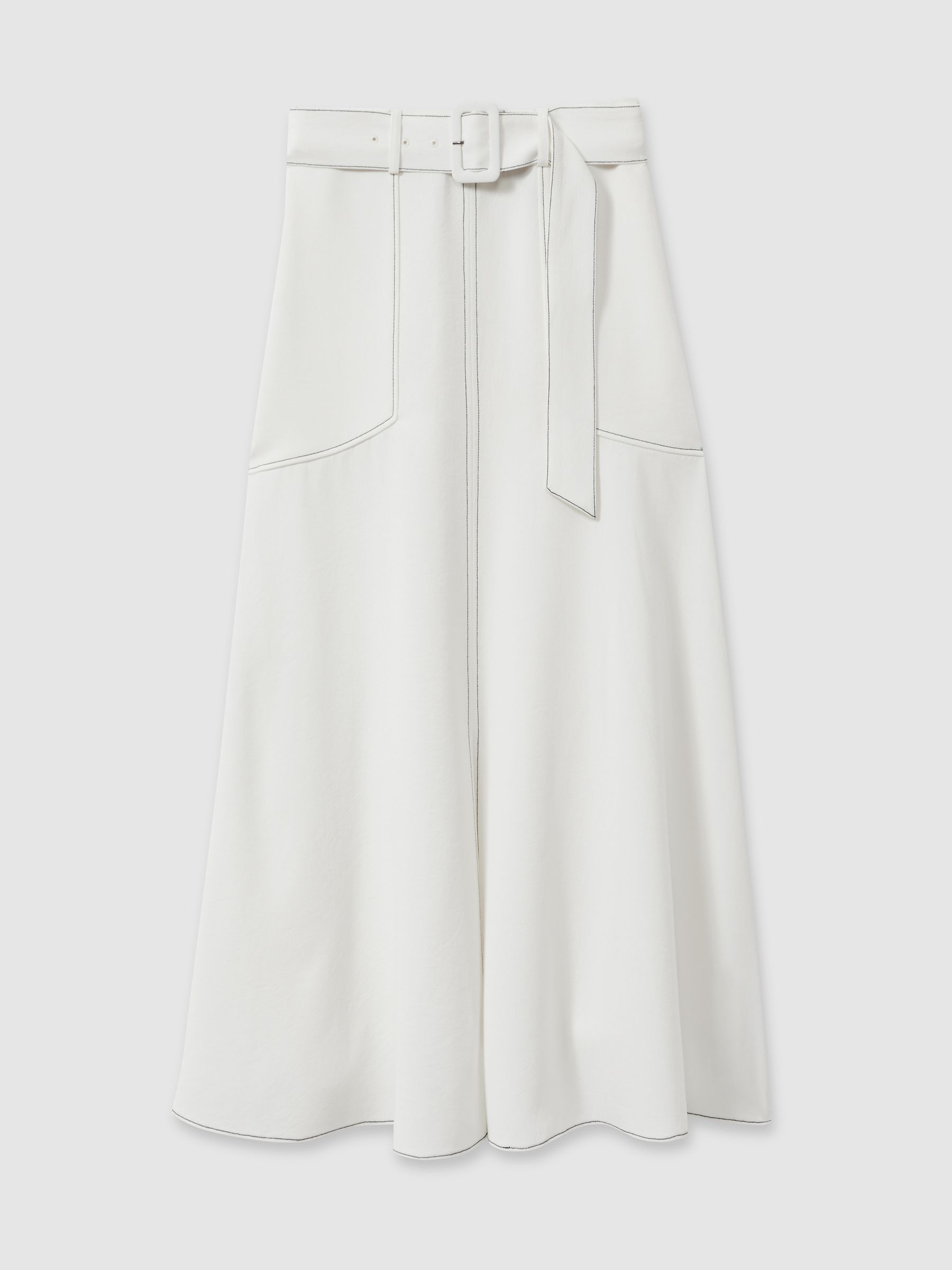 Micha Ivory Contrast Stitch Belted Midi Skirt - Image 2 of 7