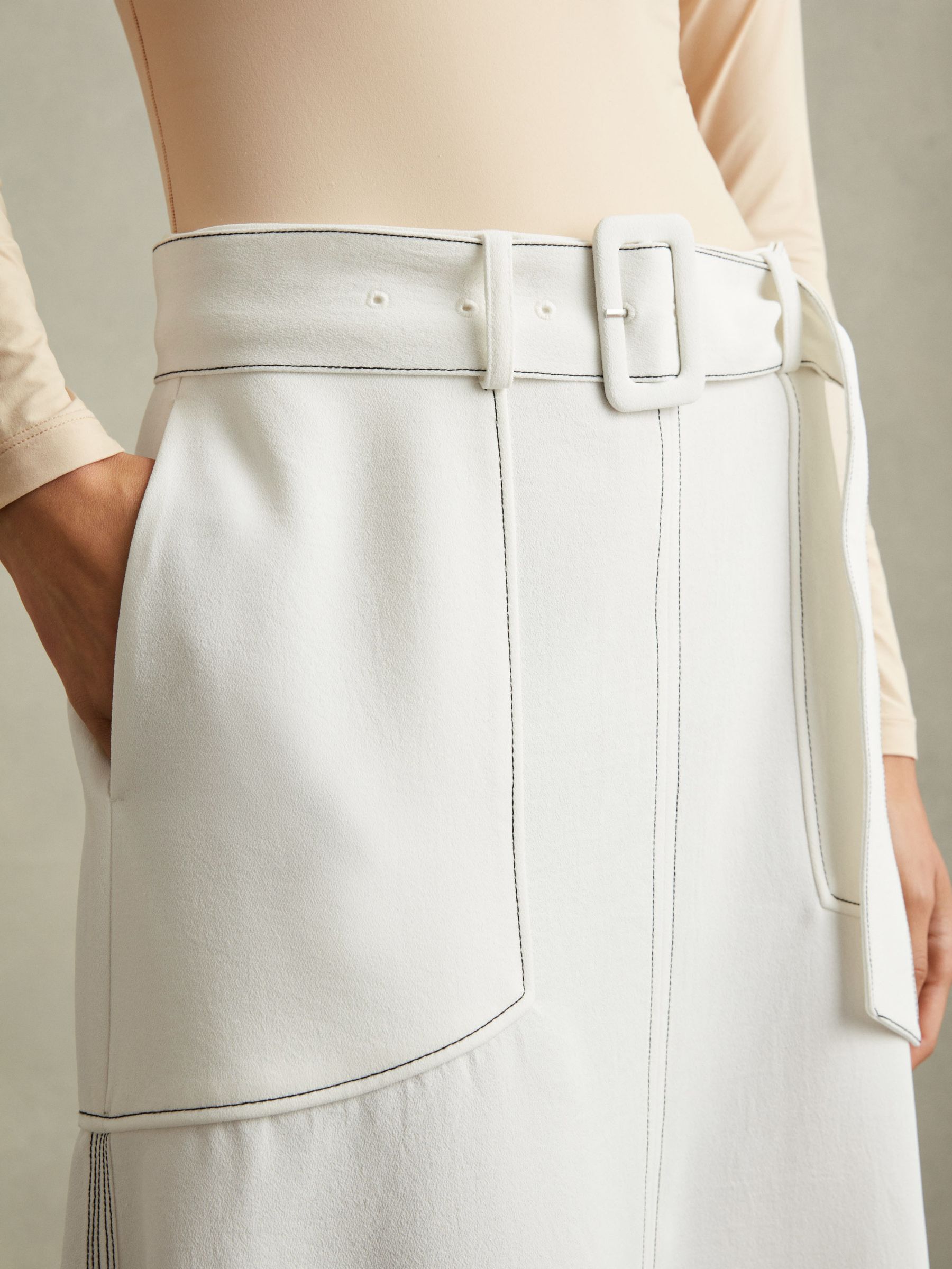 Micha Ivory Contrast Stitch Belted Midi Skirt - Image 4 of 7