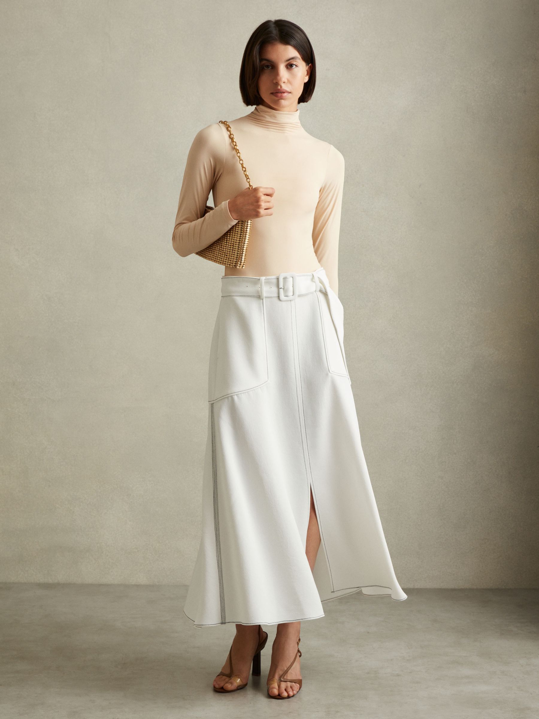 Micha Ivory Contrast Stitch Belted Midi Skirt - Image 5 of 7