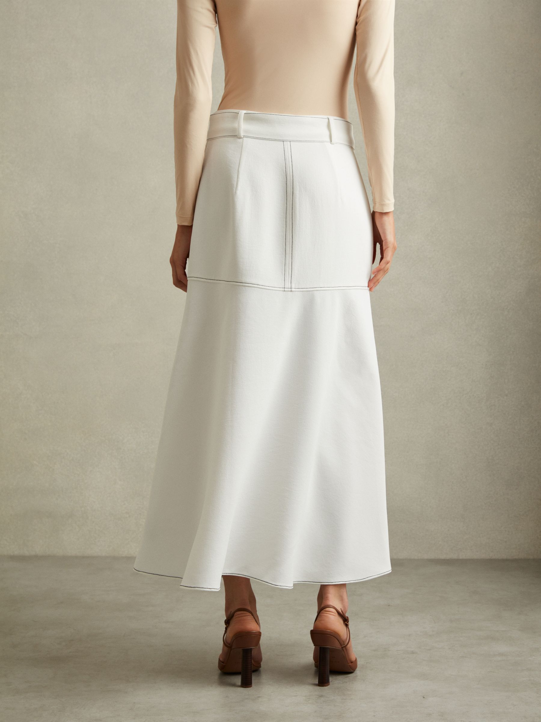 Micha Ivory Contrast Stitch Belted Midi Skirt - Image 6 of 7