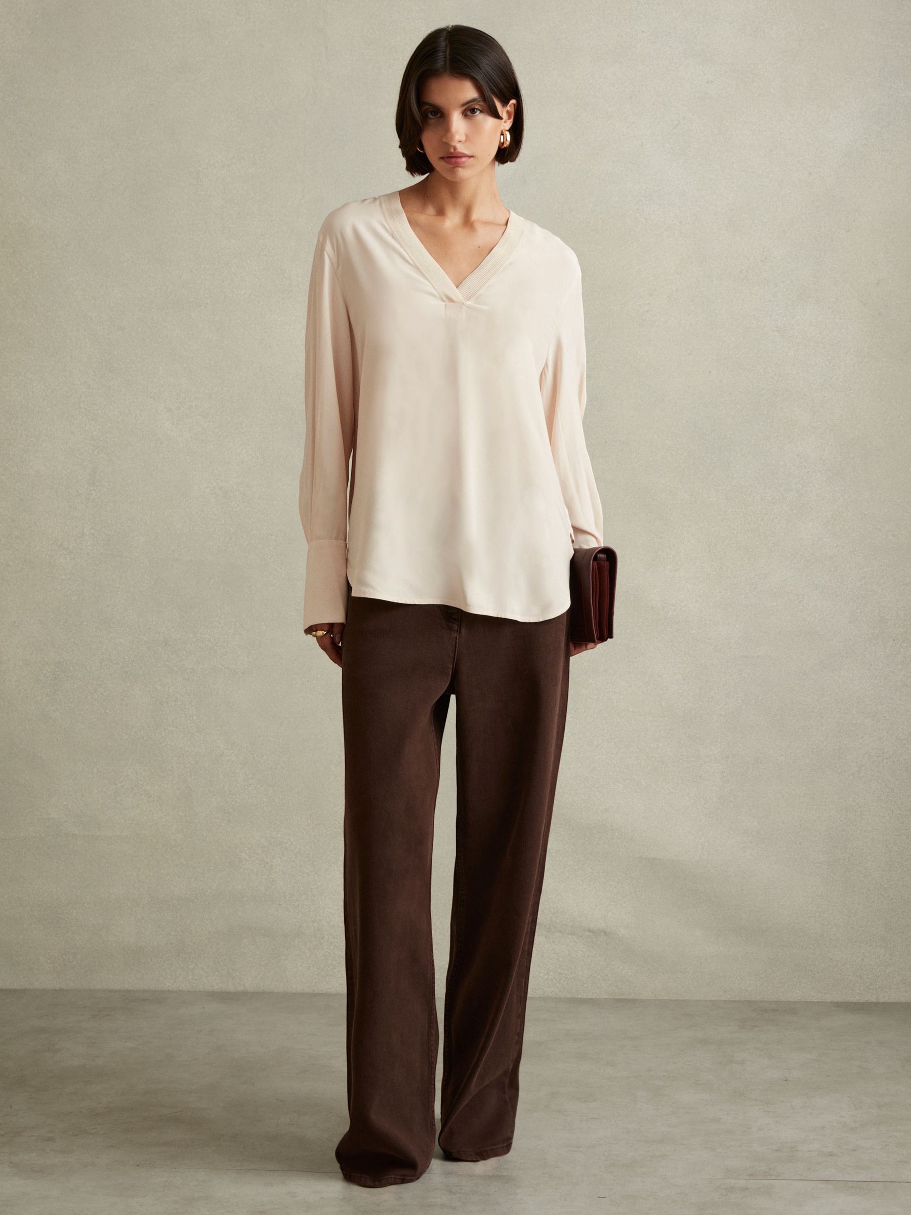 Relaxed High-Low V-Neck Top in Pale Pink - Image 1 of 5