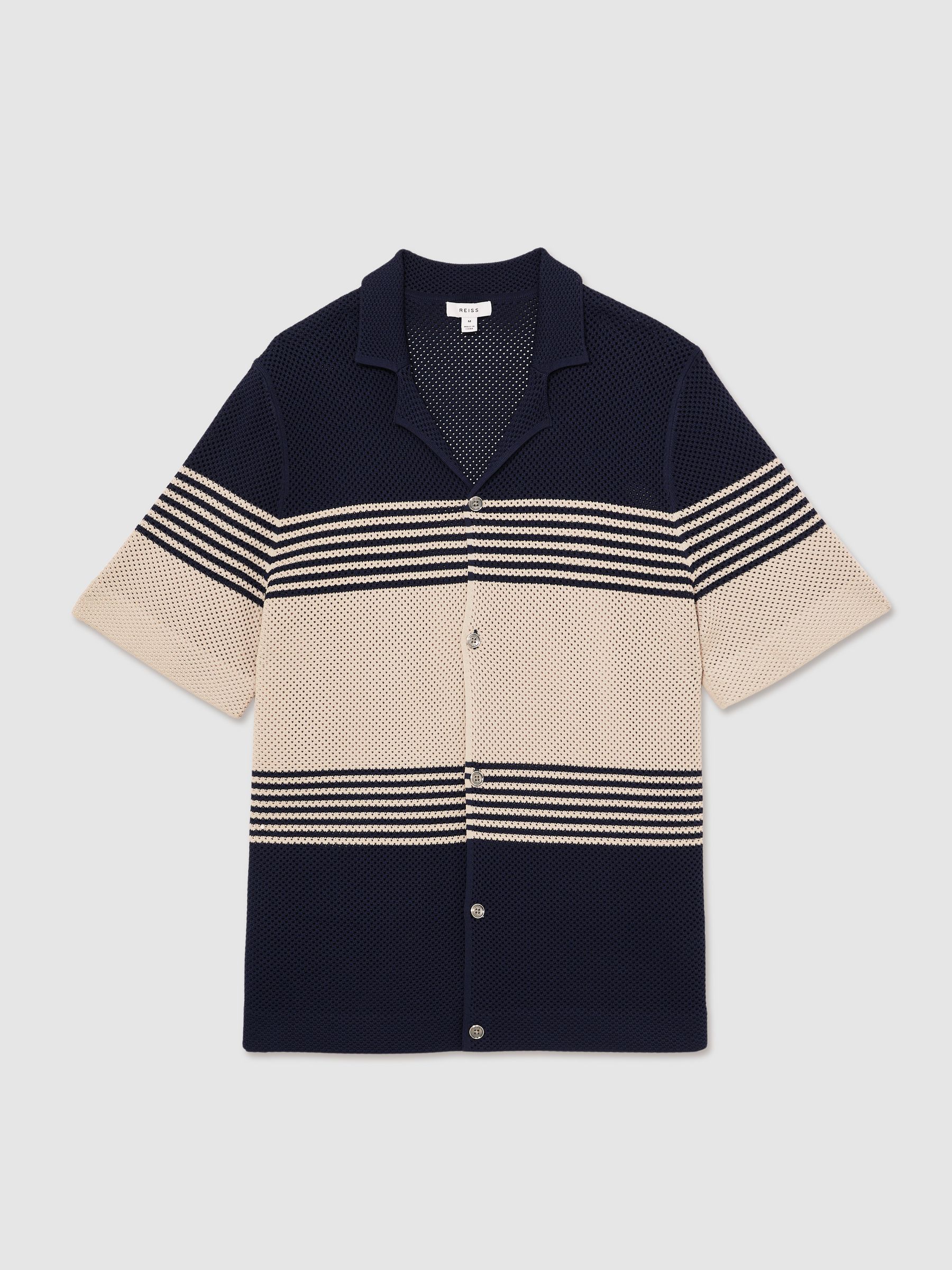 Stripe Textured-Knit Cuban-Collar Shirt in Navy/Stone - Image 2 of 6