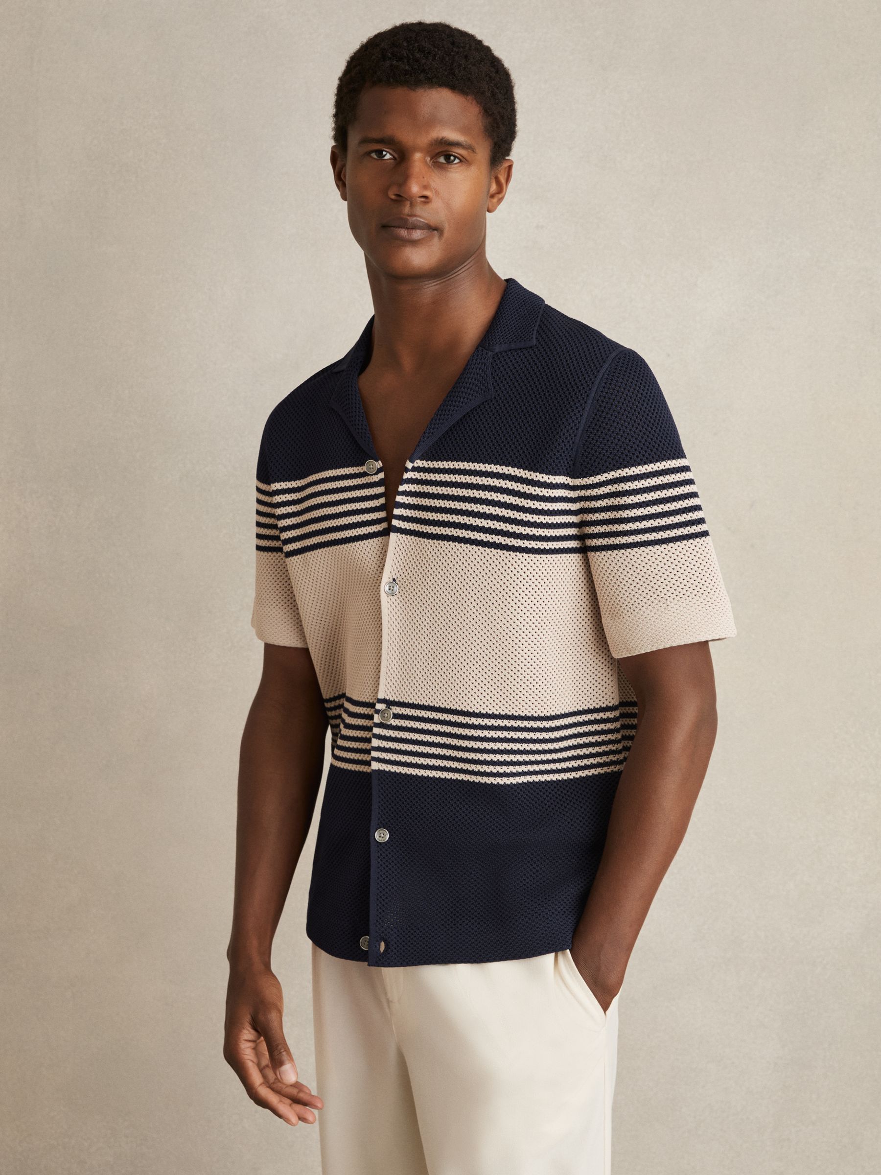 Stripe Textured-Knit Cuban-Collar Shirt in Navy/Stone - Image 3 of 6