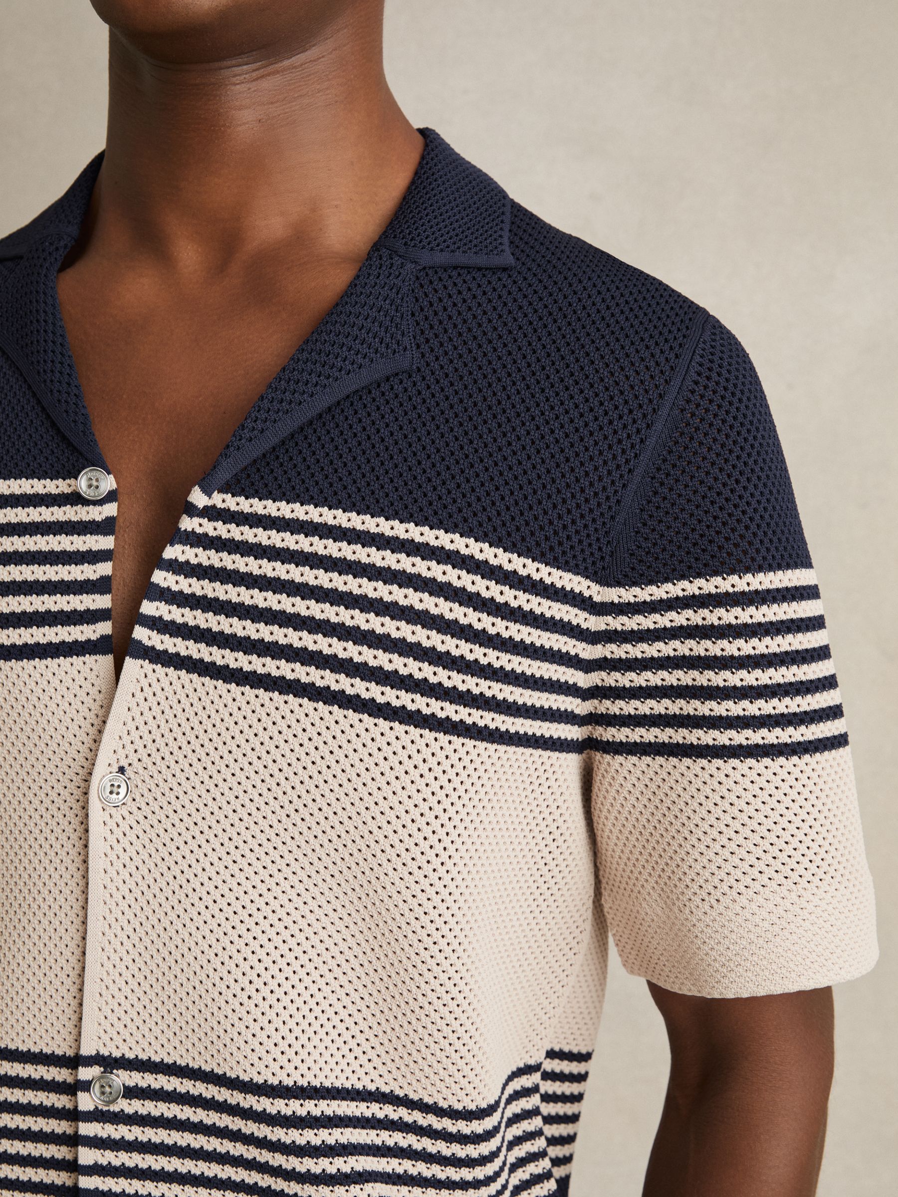 Stripe Textured-Knit Cuban-Collar Shirt in Navy/Stone - Image 4 of 6