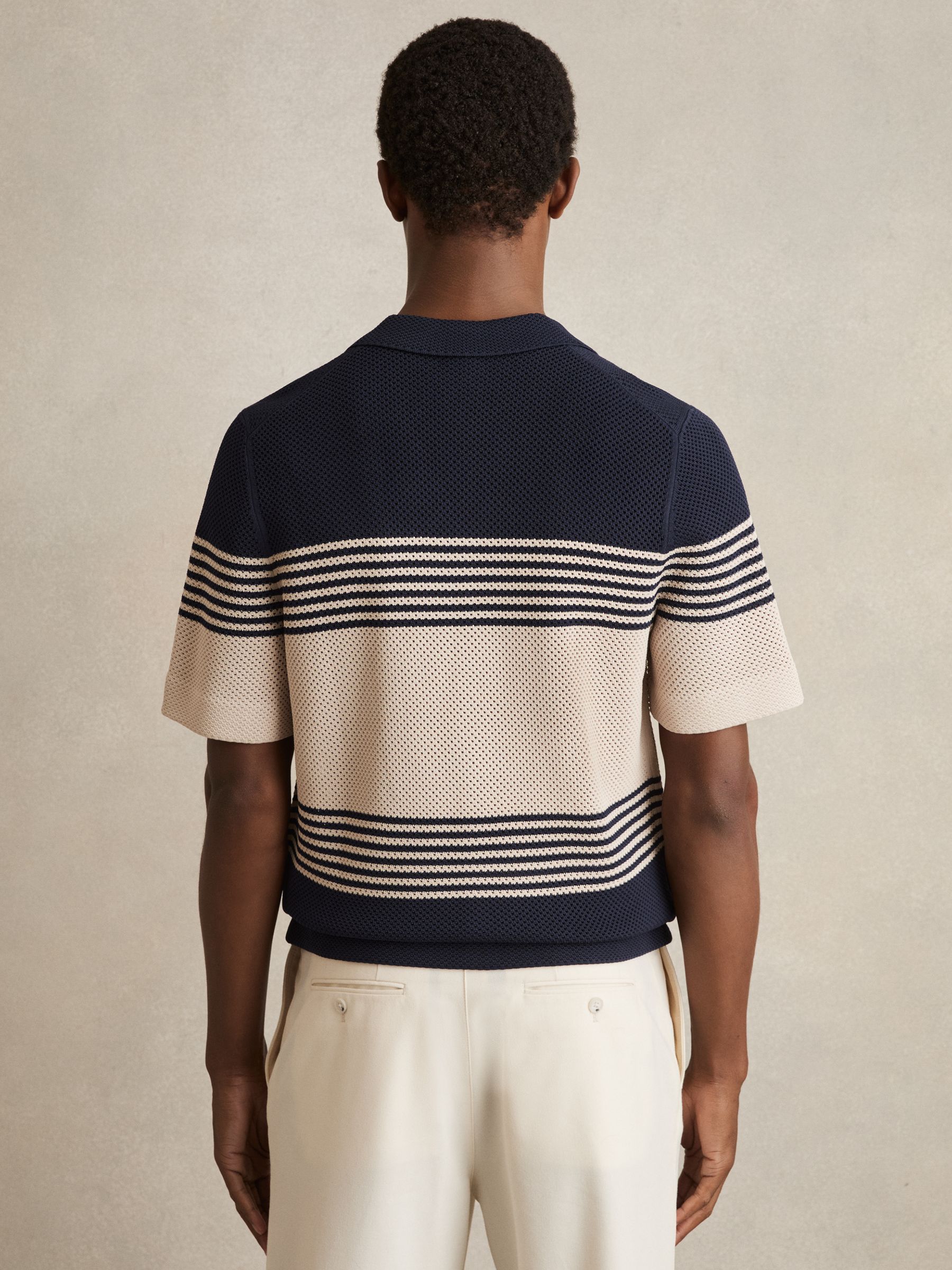 Stripe Textured-Knit Cuban-Collar Shirt in Navy/Stone - image 4