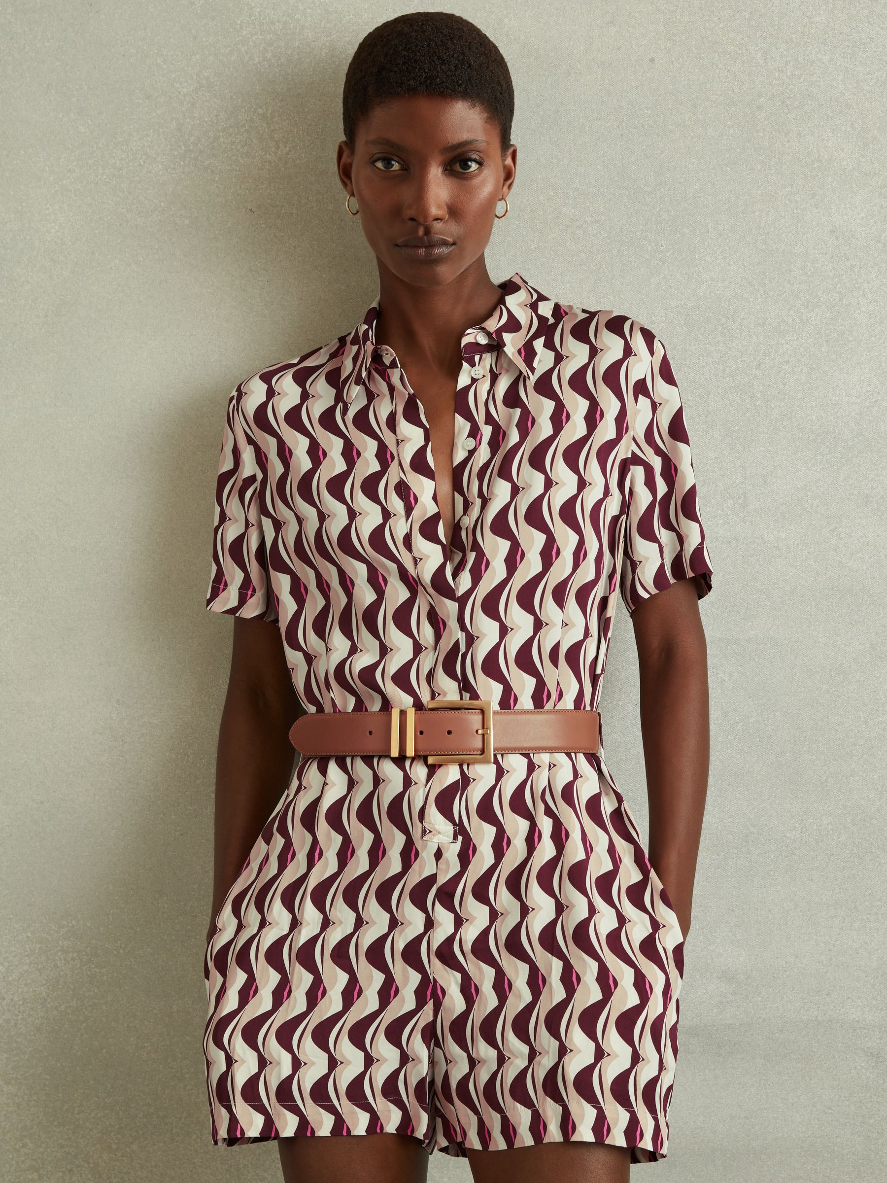 Wave Print Belted Playsuit in Burgundy - Image 1 of 4