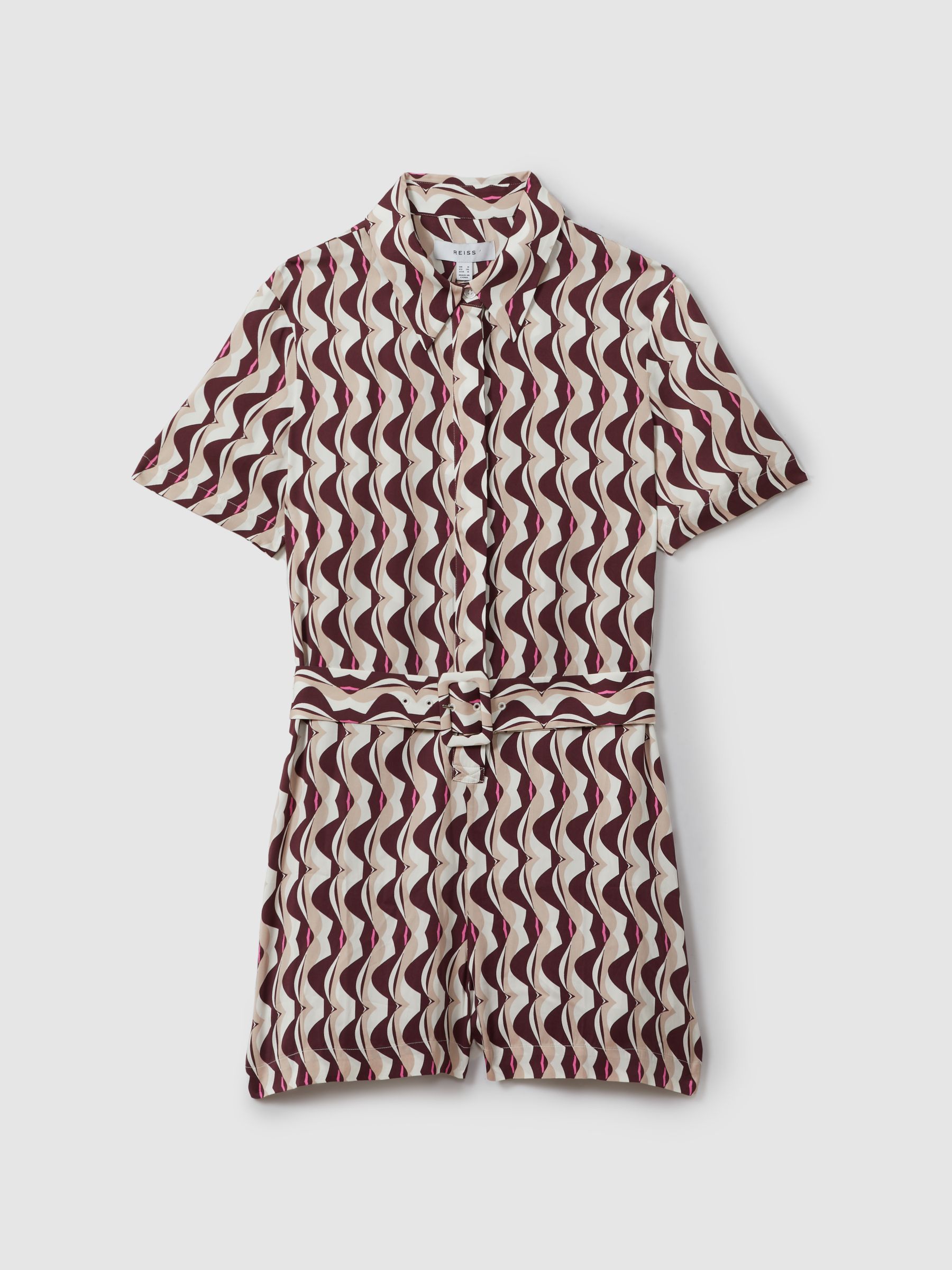 Wave Print Belted Playsuit in Burgundy - Image 2 of 4