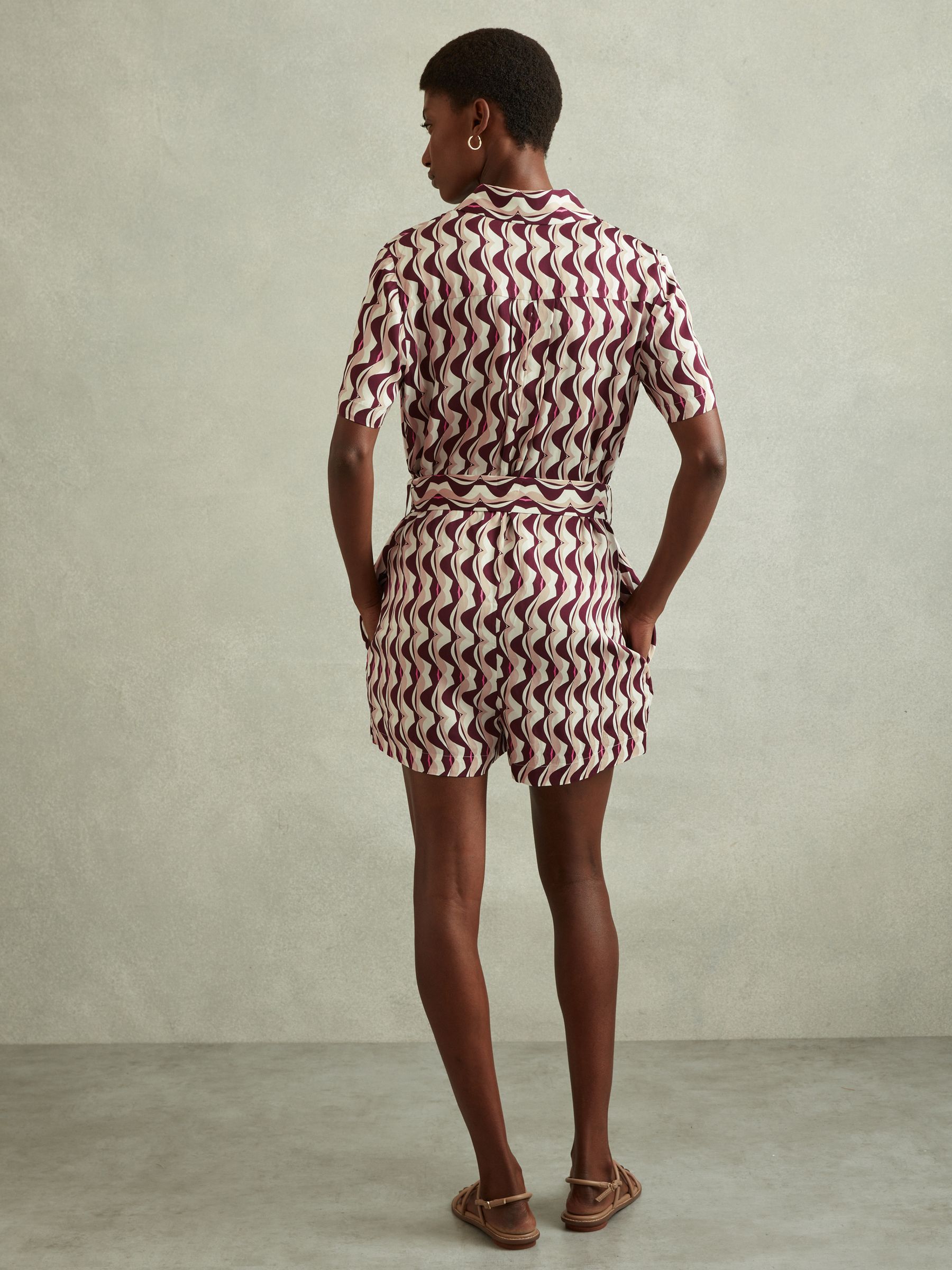 Wave Print Belted Playsuit in Burgundy - Image 3 of 4