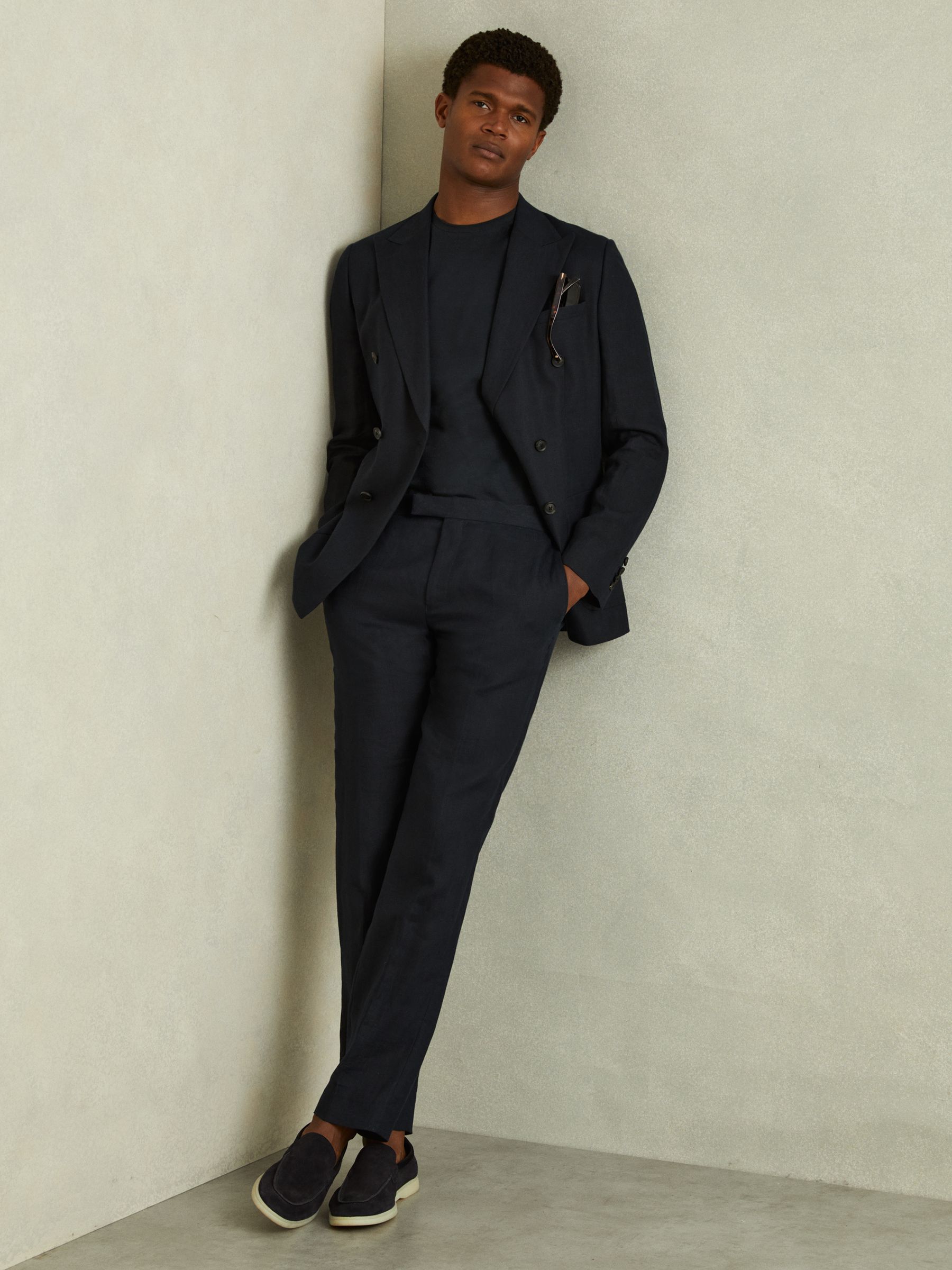 Mercerised Jacquard Crew Neck T-Shirt in Navy - Image 1 of 6