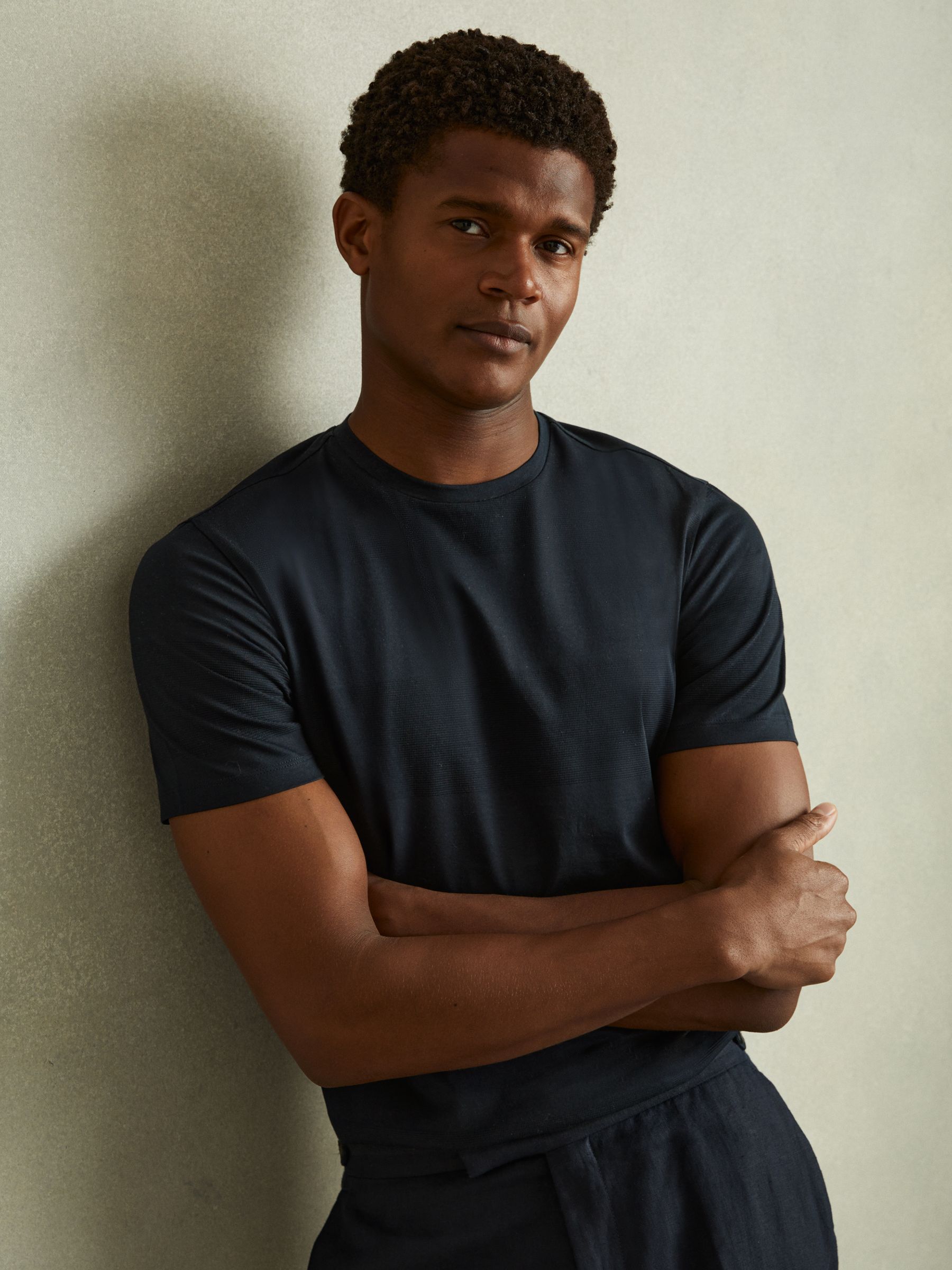 Mercerised Jacquard Crew Neck T-Shirt in Navy - Image 3 of 6