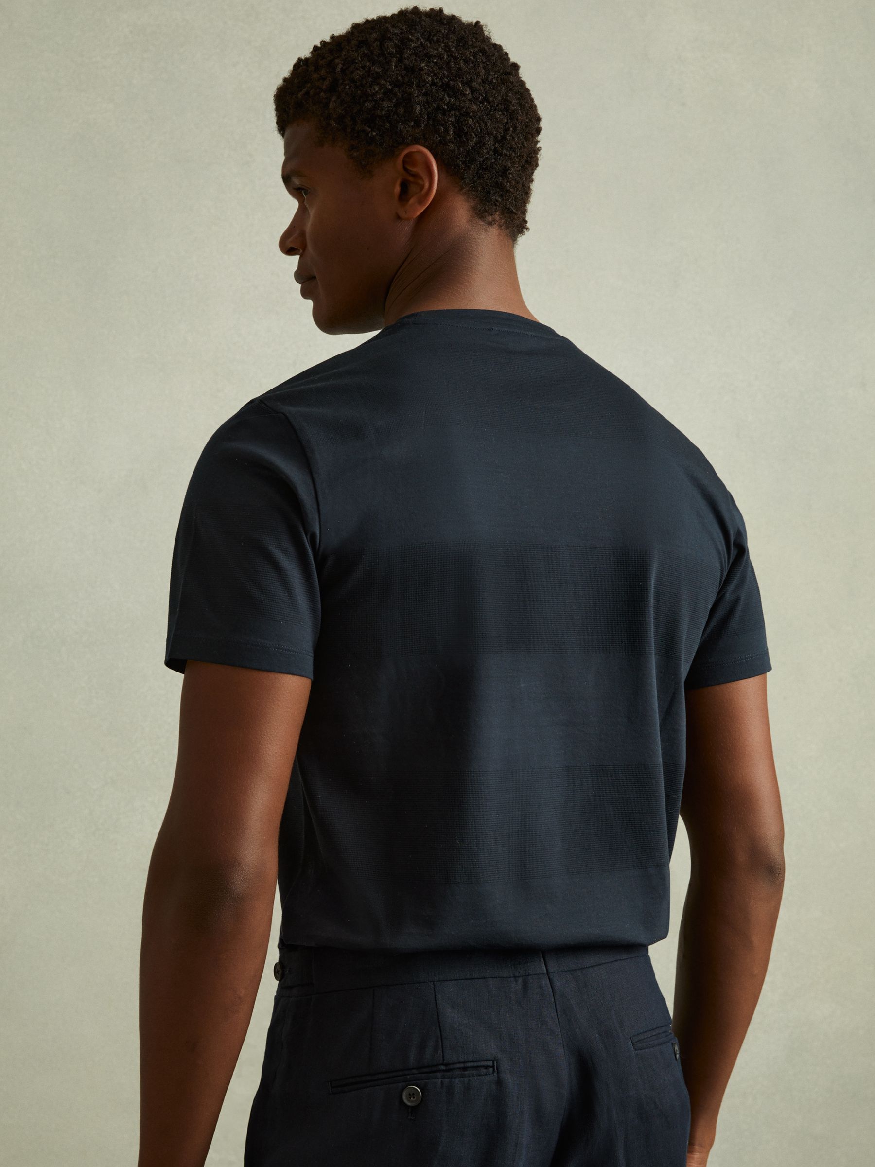 Mercerised Jacquard Crew Neck T-Shirt in Navy - Image 5 of 6